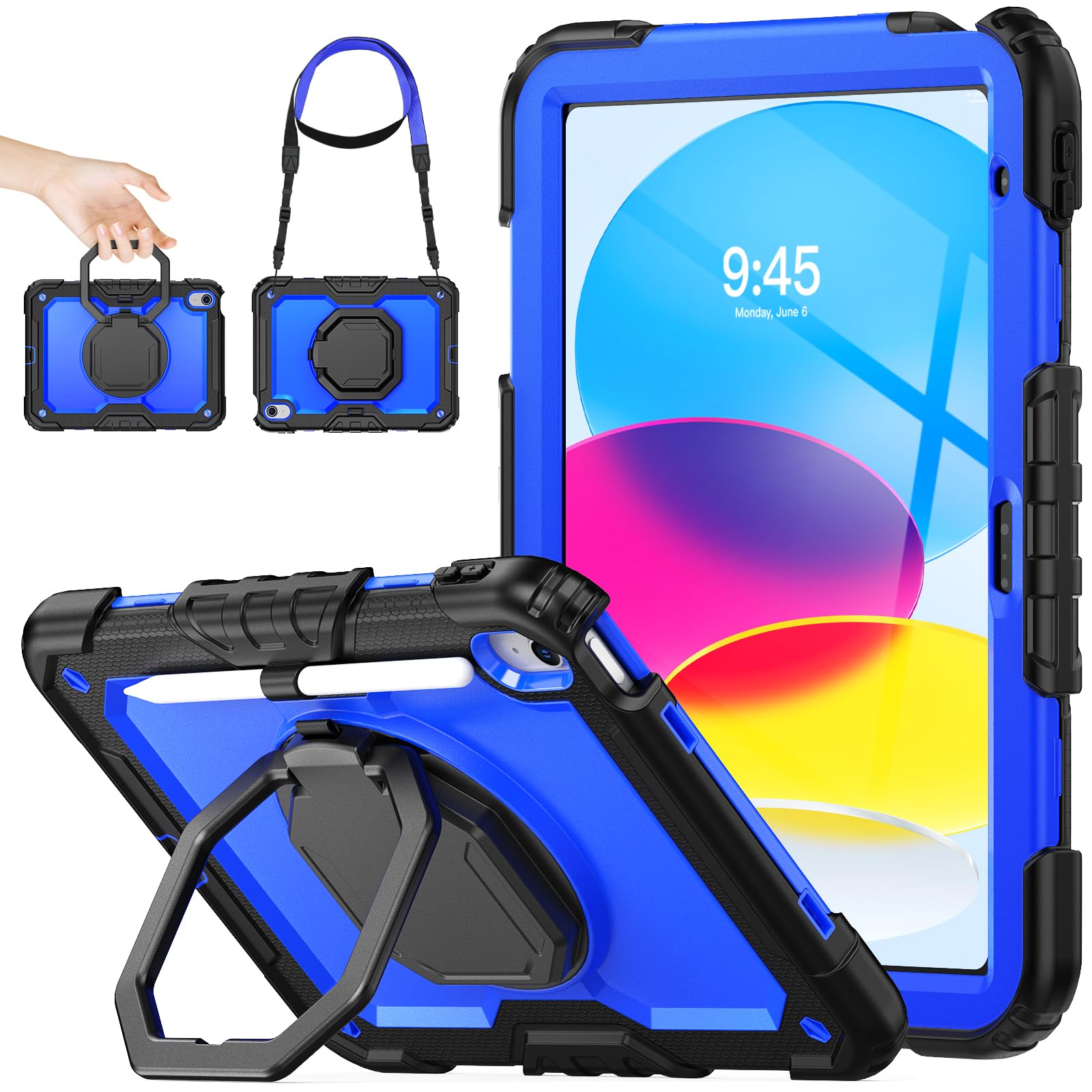 SEYMAC stock iPadケース A16 第11世代/第10世代専用 リングハンドル耐衝撃ケース 11/10.9インチ専用 ペン収納 ショルダーストラップ フィルム付きフレーム（ブルー+ブラック）