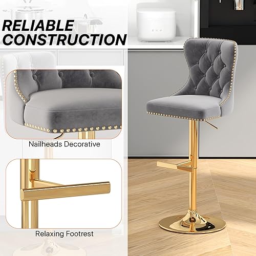 Miniatura 5 de Juego de 2 taburetes de bar, taburetes giratorios de terciopelo con respaldo copetudo, asiento ajustable con ribete de cabezas de clavos, sillas de