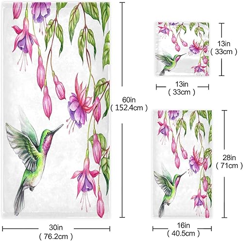 Miniatura 3 de ALAZA Juego de toallas de 3 piezas, juego de toallas de baño exóticas de colibrí tropical con flores fucsias, 1 toalla de baño, 1 toalla de mano, 1