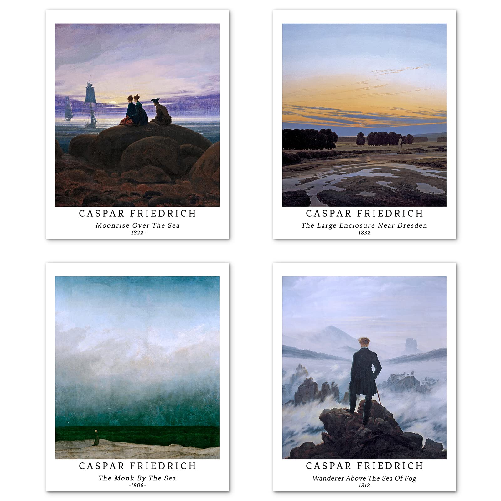 Berkin Arts Wall Art Unframed Prints Giclee Art Paper Set of 4, 8x10 inch Classical Landscape Artwork, Office Decoration Elegant Illustrations Mountain Natural Cloud Caspar Friedrich Painting