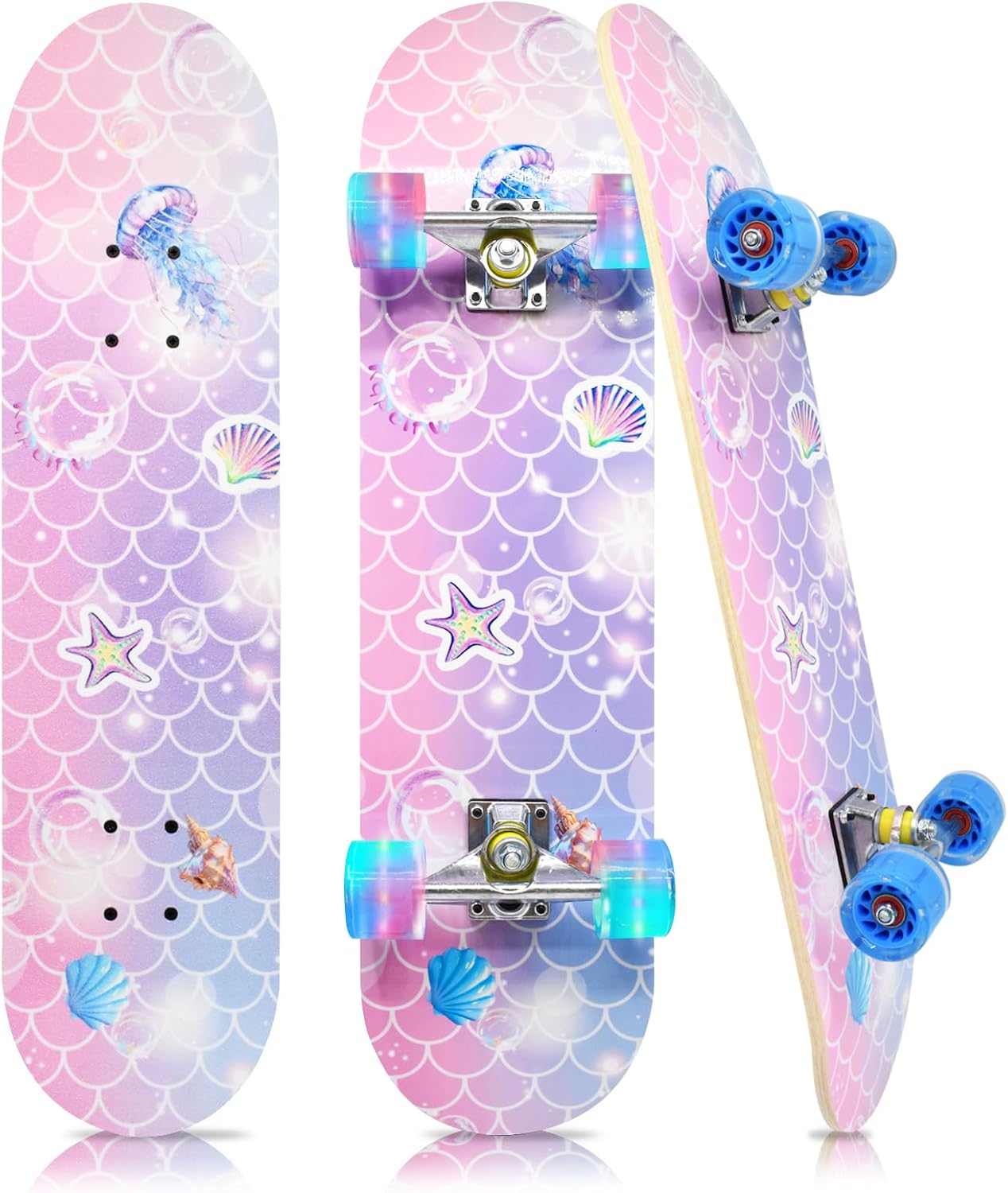 Standard Skateboards with Colorful Flashing Wheels for Beginners, Kids,Teens, 7 Layer Maple Complete Skateboard for Girls Boys, 31" x 7.8" Double Kick Concave Kids skateboard with Skate T-Tool Mermaid Standard