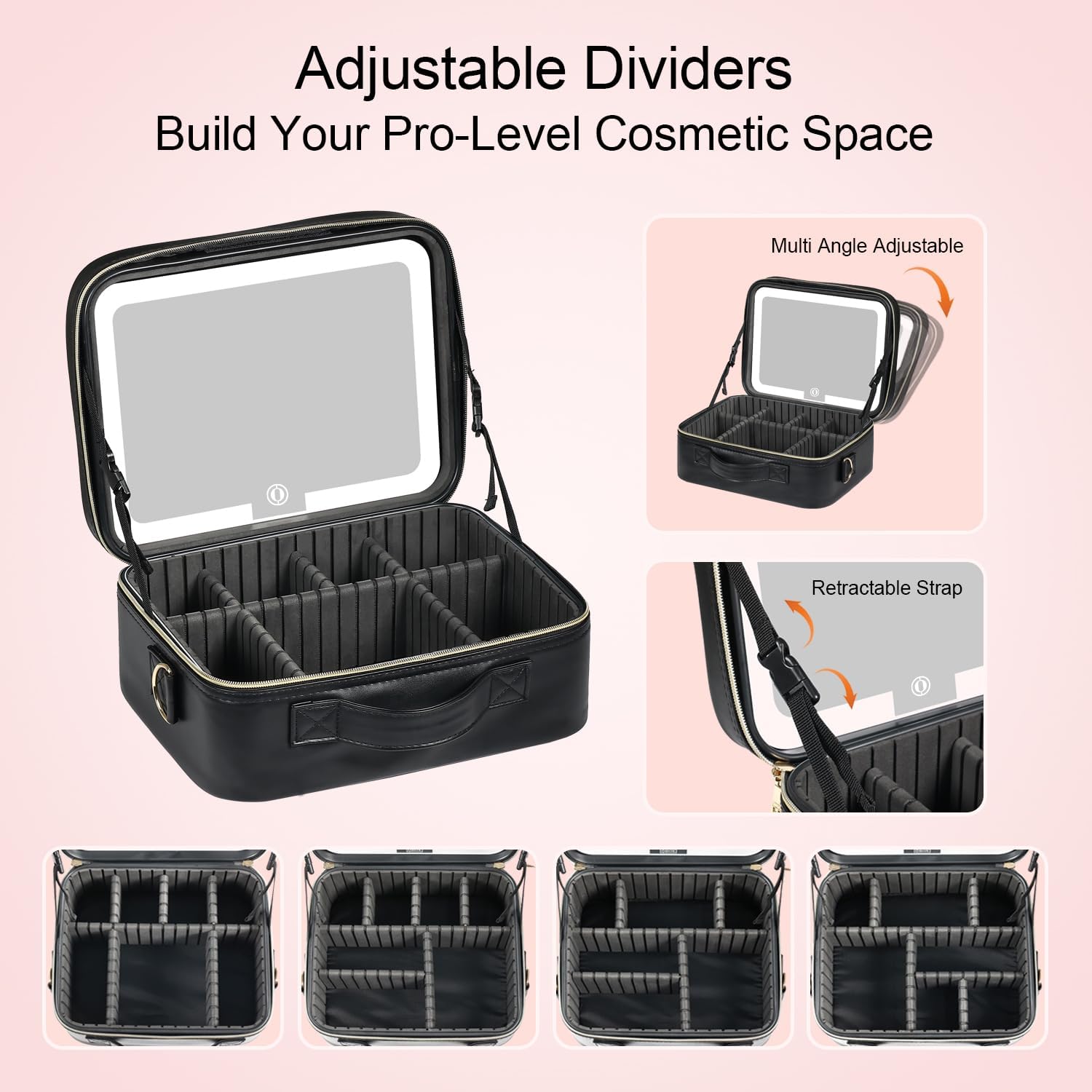 Makeup Case with LED Light Mirror, Professional Portable Travel Cosmetic Organizer Bah with Adjustable Dividers, USB Charging, Large Capacity, Ideal for Travel, Gift for Women Girls, Black - Image 8