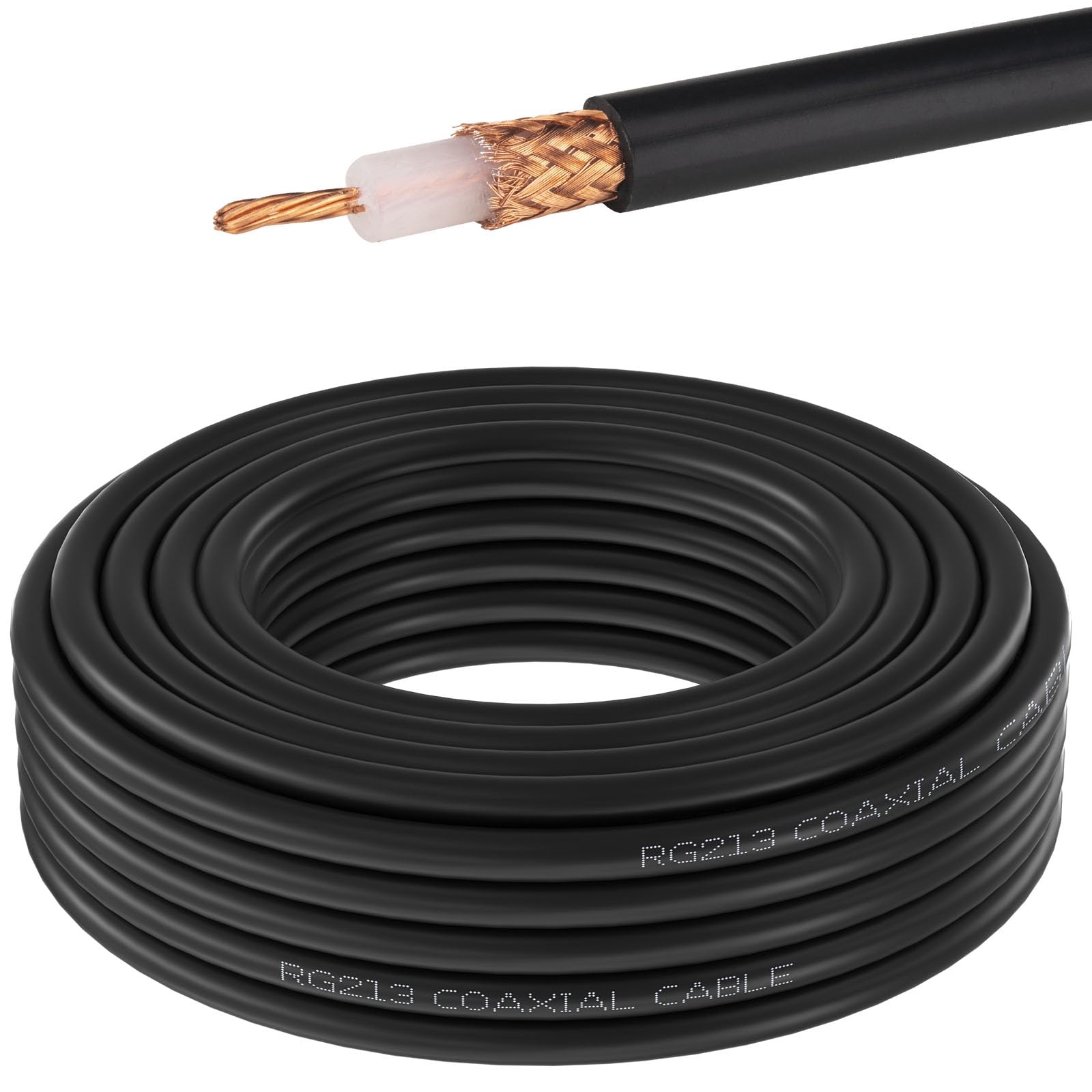 Câble coaxial RG213 en vrac – 7,6 m, 50 Ohm à faible perte RG-213, conducteur central toronné en cuivre nu et tresse, fil de qualité professionnelle pour radio jambon, CB, extension d'antenne
