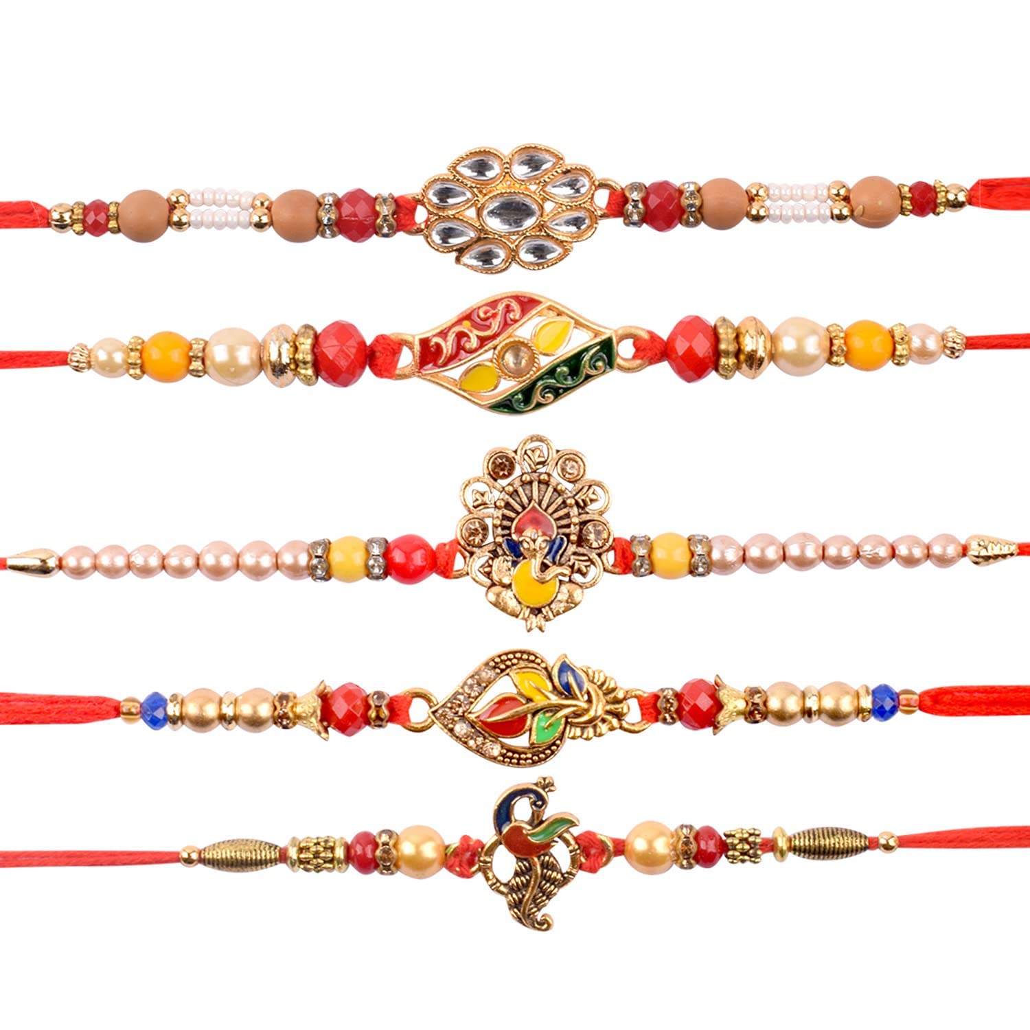 SATVIK 5 Pc Rakhi for Brother Bhaiya Bhabhi Traditional Handmade Assorted Designer Rakhi Set Roli Chawal, Greeting Card & Soun Stickers Rakhi Thread Rakhdi Bracelets Rakshabandhan