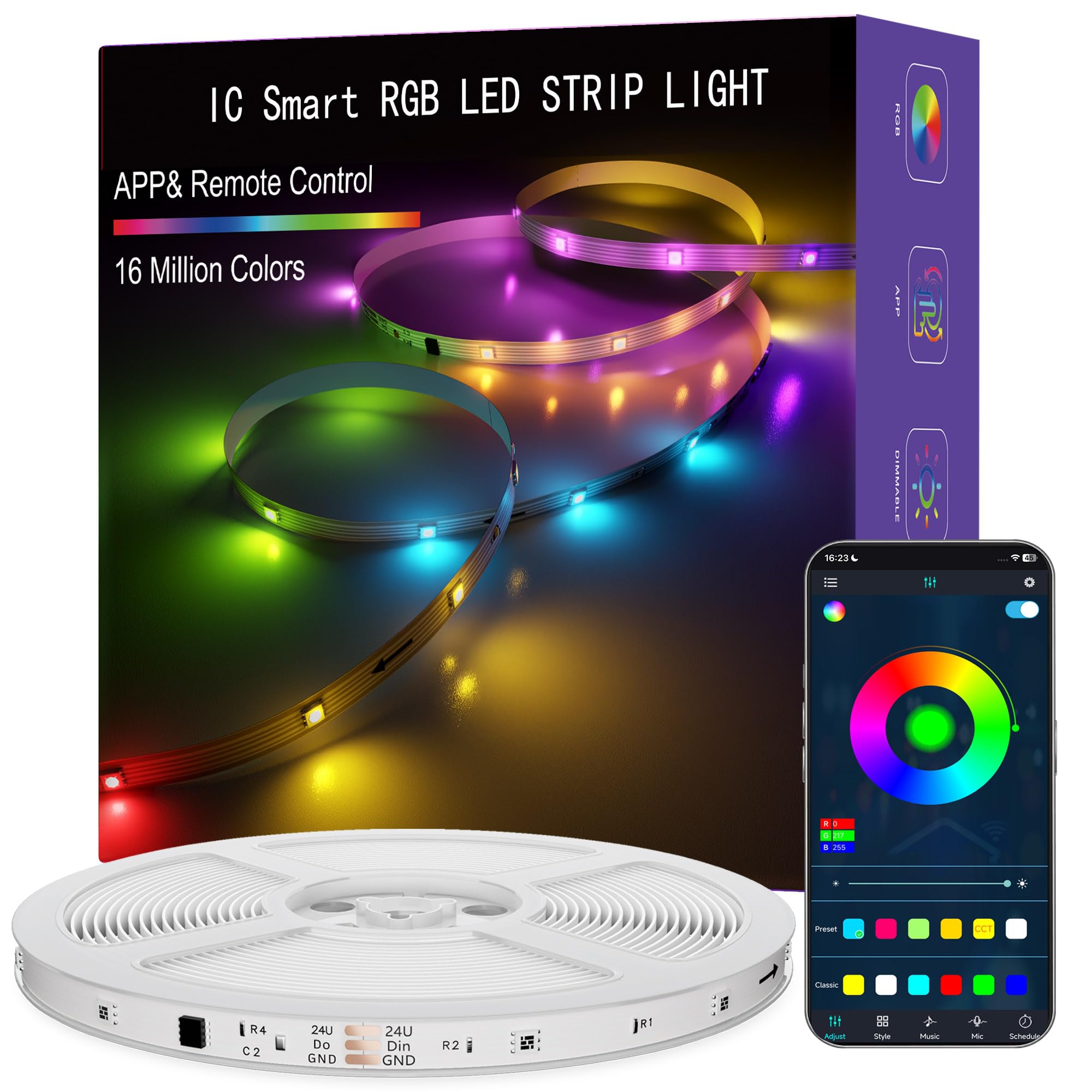 IC Smart RGB LED Strip Lights, 65.6FT LED Lights for Bedroom, App Control/Remote Control, Music Sync, DIY Design, Rainbow Chasing Effects, Strip Lights for Home, Party Decor