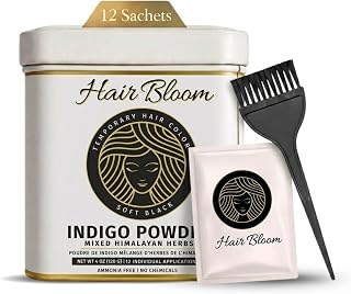 Hair Bloom Natural Jet Black Hair Color- Indigo Powder w/Mixed Himalayan Herbs Hair Color Powder- 12 individual sachets (10 gm each)- Reusable Brush & Tray Included- Shiny & Smooth by Pride of India