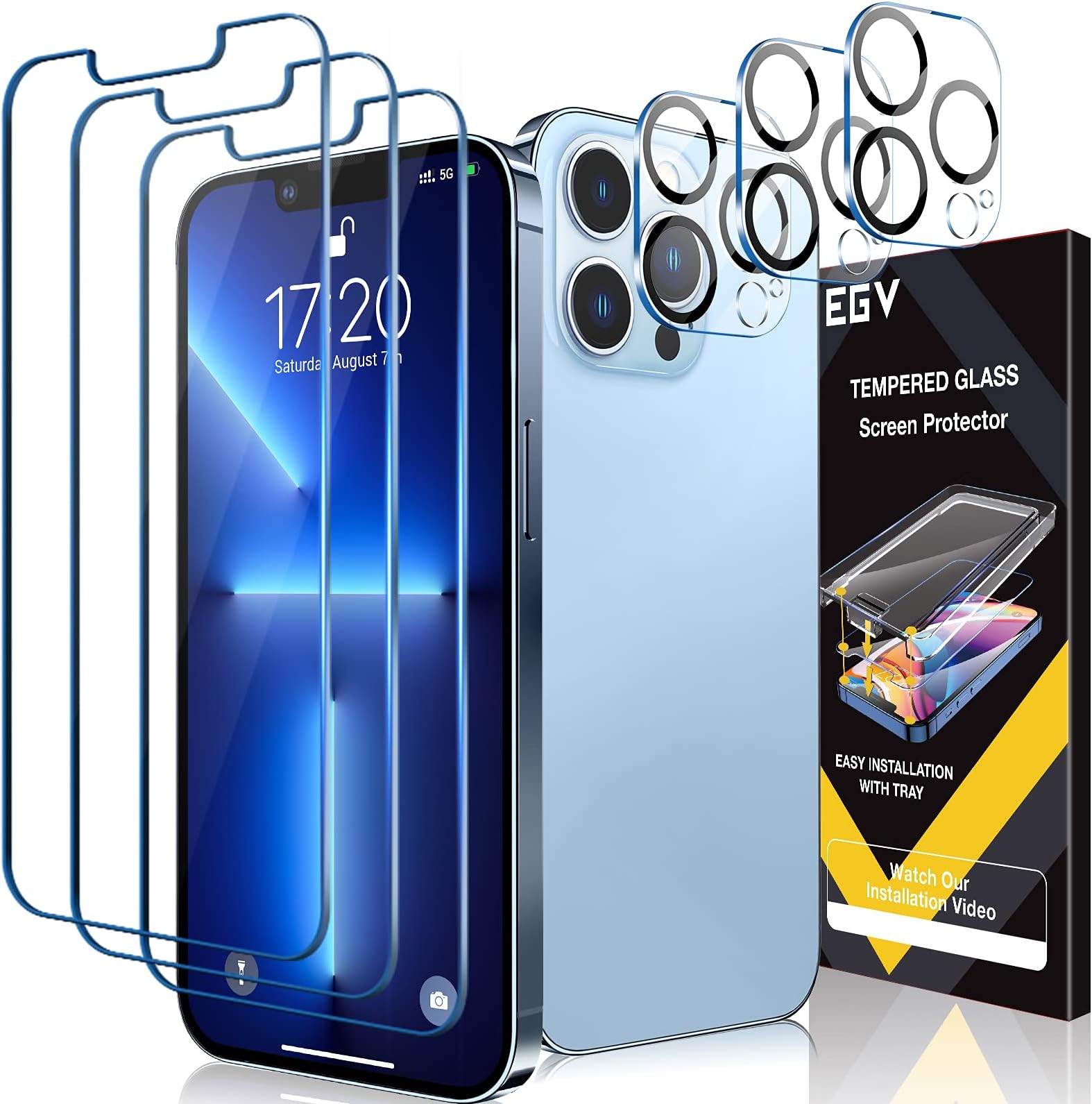 EGV [3+2 Pack] Screen Protector for iPhone 13 Pro 6.1 Inch with Camera Lens Protector, Tempered Glass With Alignment Kit, 9H Hardness, Case Friendly