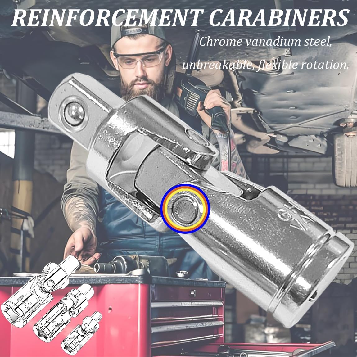 Resze 3PCS Swivel Socket Set (1/4", 3/8", 1/2"), 360° Rotating Chrome-Plated Steel Adapters for Wrenches, Automotive Repair & DIY, Universal Fit Anti-Slip Heavy-Duty Mechanics Tool Kit