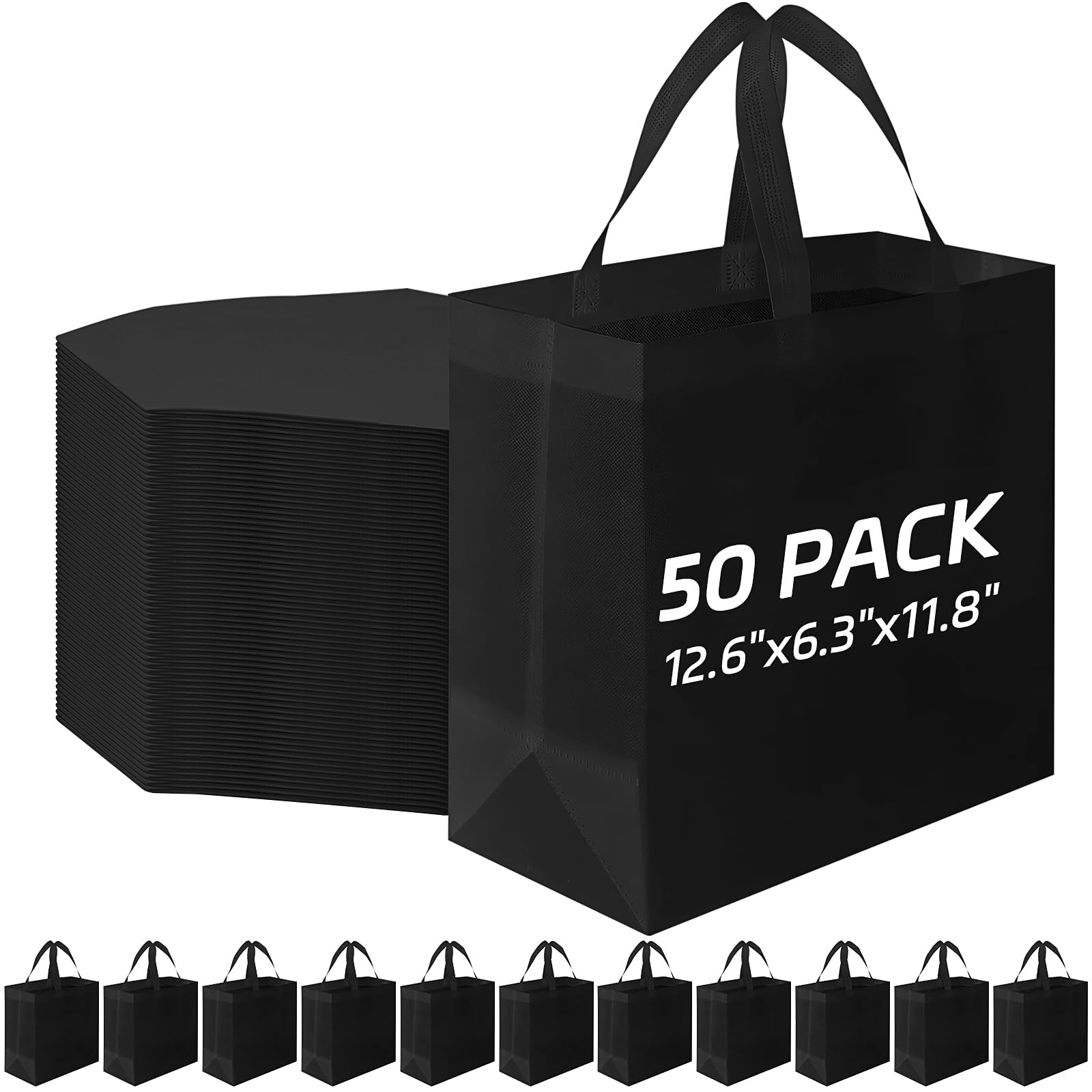 Xaztr 50Pcs Reusable Tote Bags Bulk, Large Shopping Bags Non Woven Grocery Bag Gift Bag with Handles for Party Retail Boutiques, Black