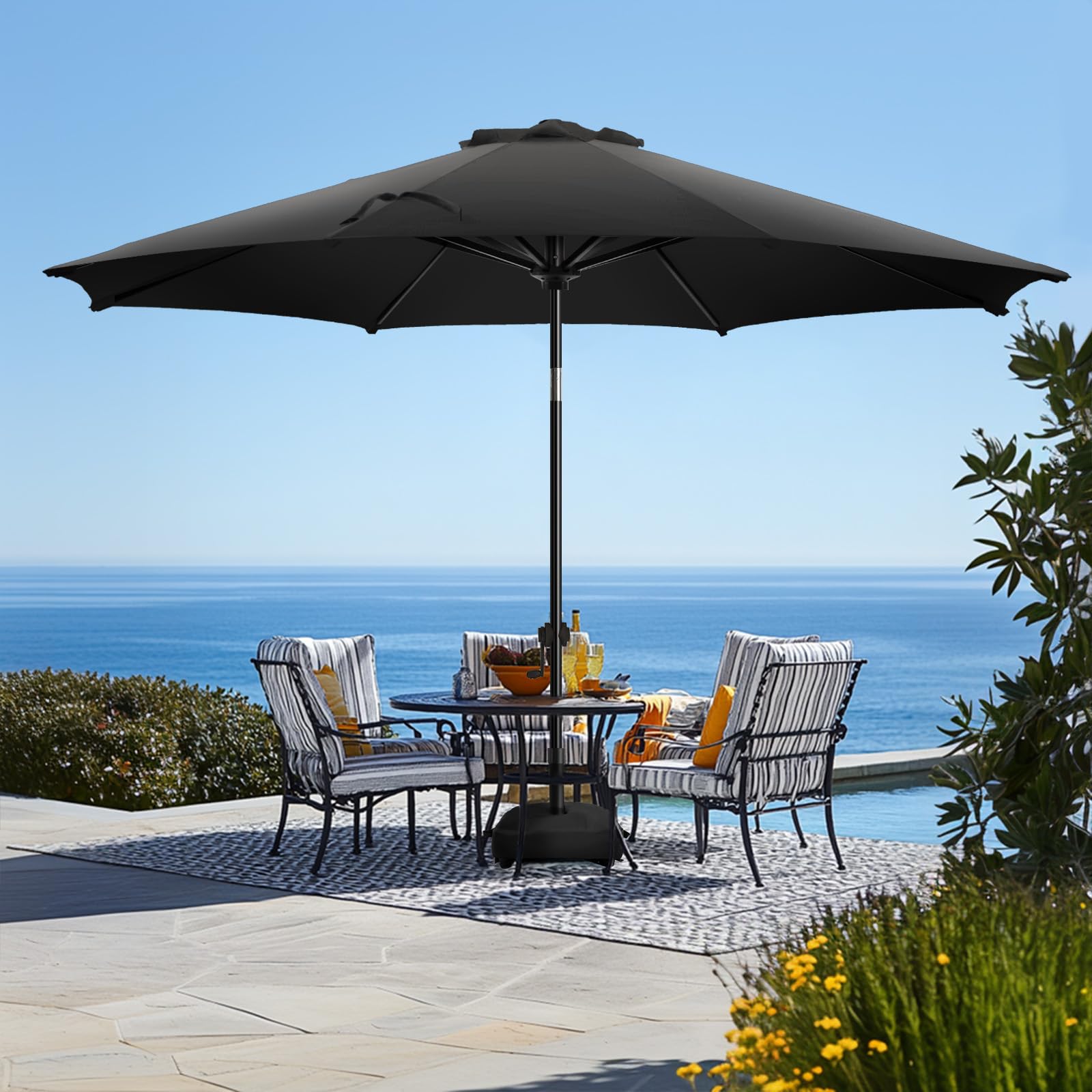 Photo 1 of *MAJOR DAMAGE*
wikiwiki 11FT Patio Umbrella with Base, Outdoor Umbrellas with Base Included, 8 Sturdy Ribs, Waterproof Fade Resistant POLYESTER DTY Canopy for Deck, Lawn, Garden, Backyard & Pool, Black