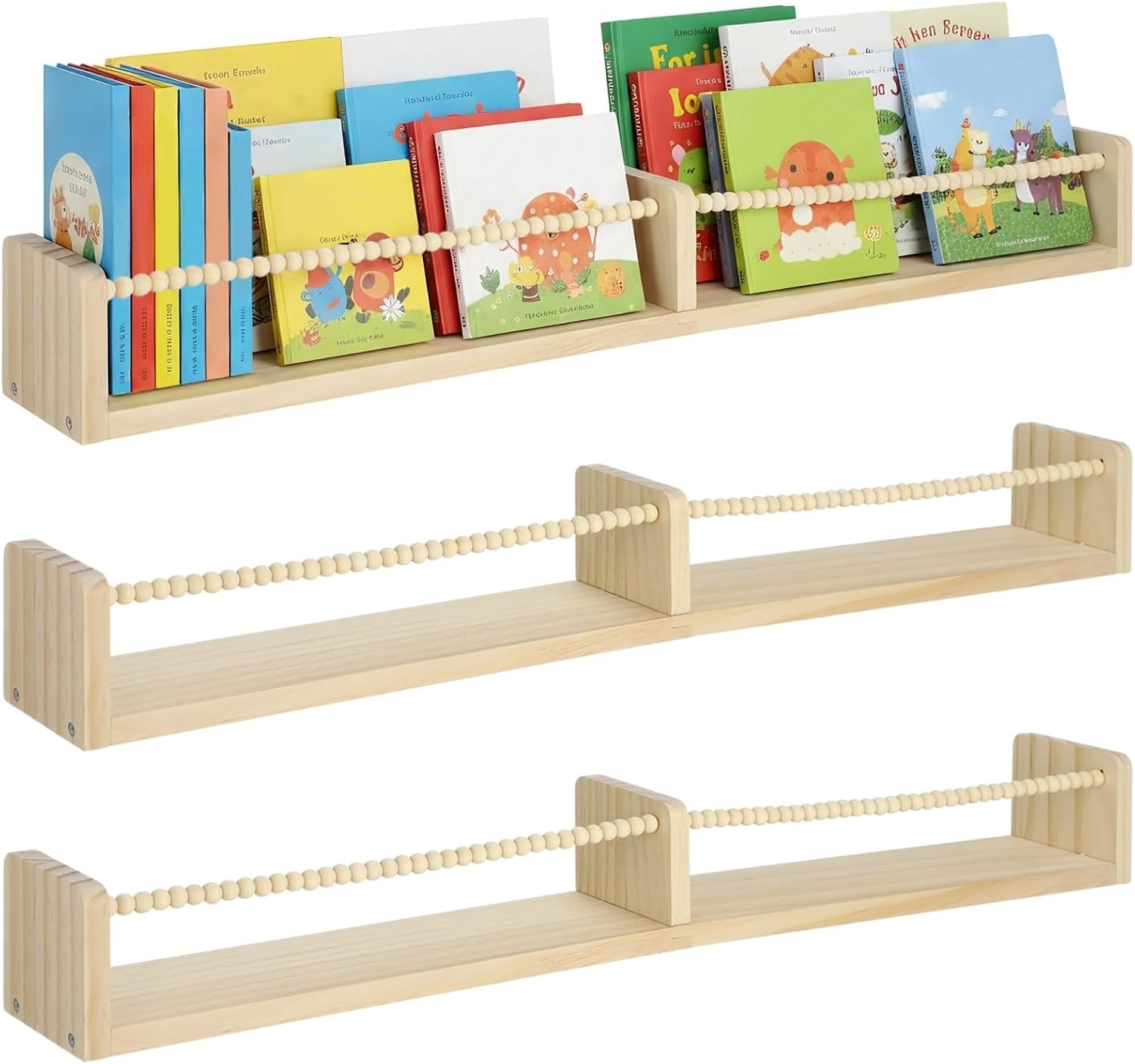 3PCS Nursery Book Shelves for Kids Rooms - 32 Inches Floating Wall Bookshelves, Space-Saving Nursery Shelves with Beads Design Ideal for Bedroom, Living Room and Study Room