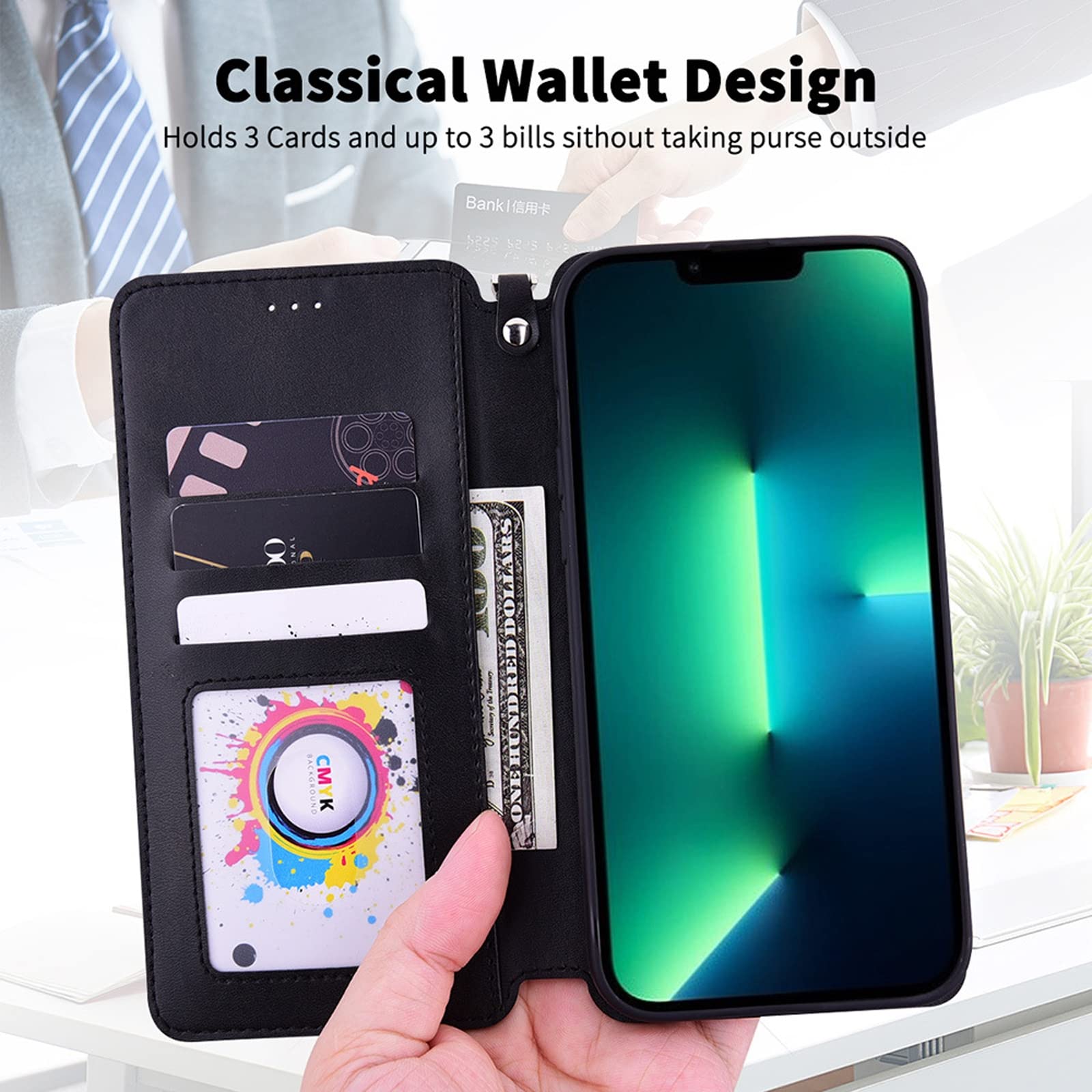 LTL Etui z klapką do iPhone 13/13 Pro/13 Pro Max, wysokiej jakości skórzane etui z klapką, etui z przegródką na karty, podpórka, etui na telefon, magnetyczne, brązowe, 13 6,1"