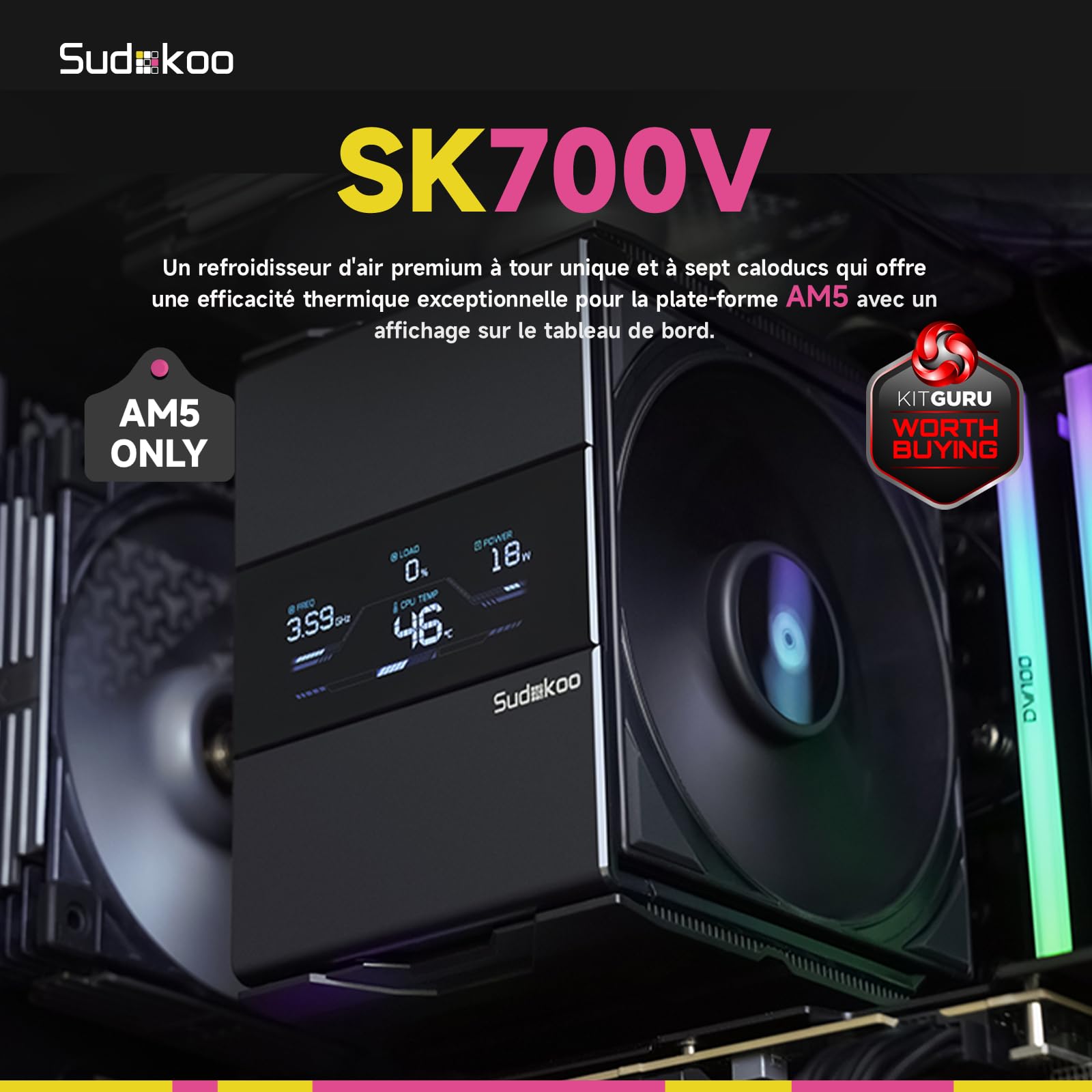 Sudokoo SK700V Ventirad AM5 Exclusif, Affichage Numérique, 7 Caloducs Ventilateur de Processeur, Tour Unique, Ventilateur 120mm FDB PWM, Accès RAM Complet, Montage Facile, Garantie 5 Ans, Noir