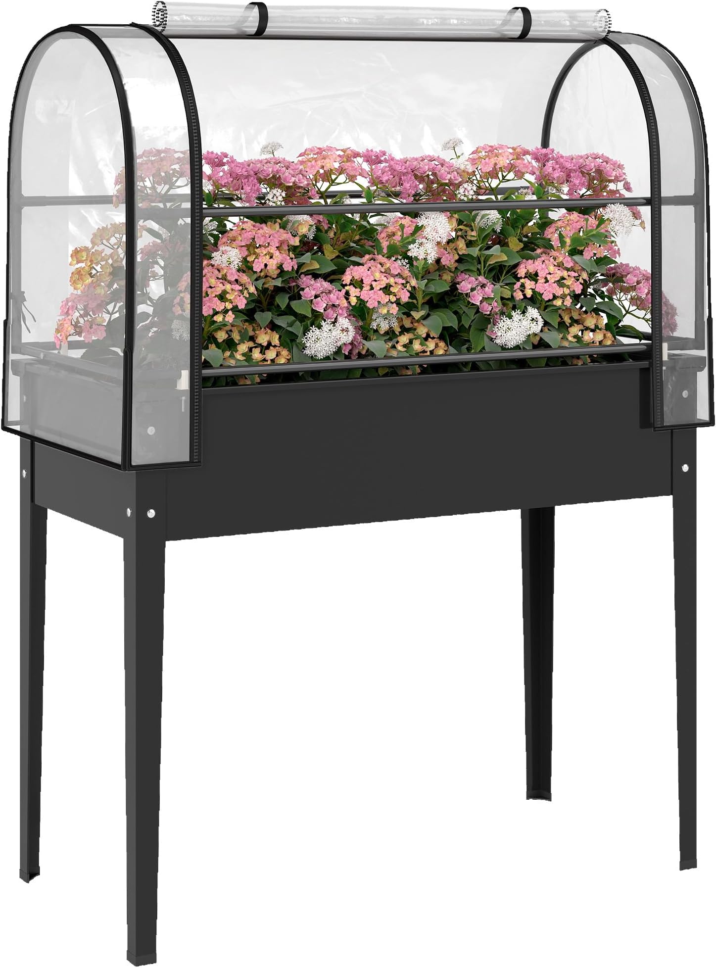 Outsunny Raised Planter with Flip-Up Greenhouse Cover, Metal Raised Garden Bed on Legs with Drainage Hole and Gloves, Outdoor Elevated Garden Planter for Vegetables, Herbs, Flowers, Black