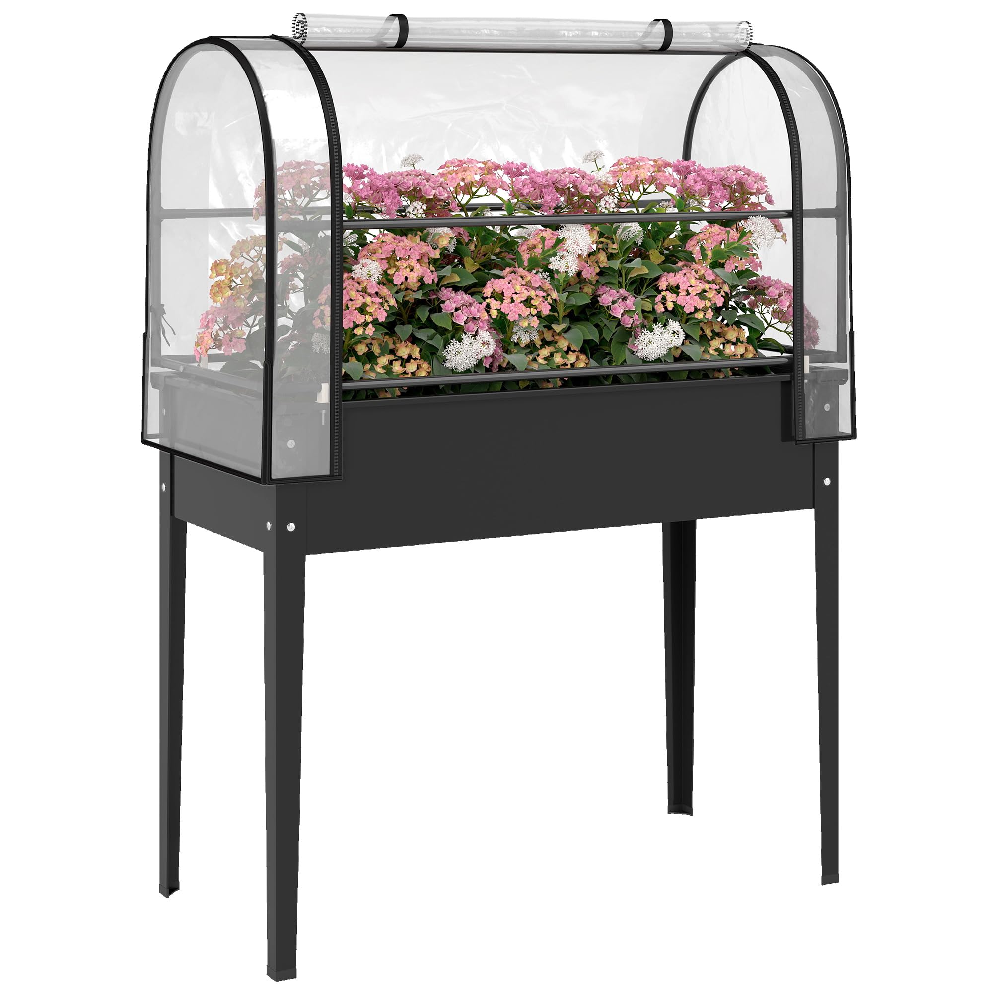 Outsunny Raised Planter with Flip-Up Greenhouse Cover, Metal Raised Garden Bed on Legs with Drainage Hole, Outdoor Elevated Garden Planter for Vegetables, Herbs, Flowers, Black