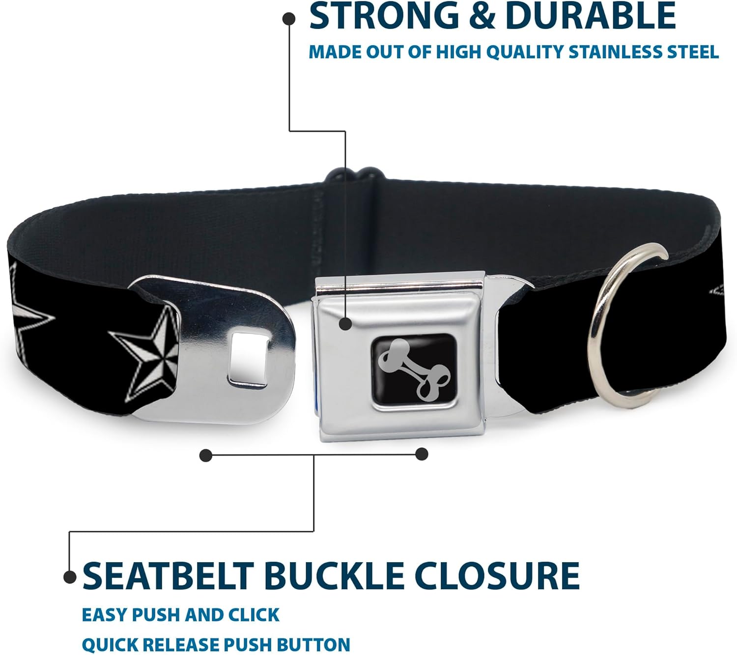 Dog Collar Seatbelt Buckle Nautical Star Black White 9 to 15 Inches 1.0 Inch Wide