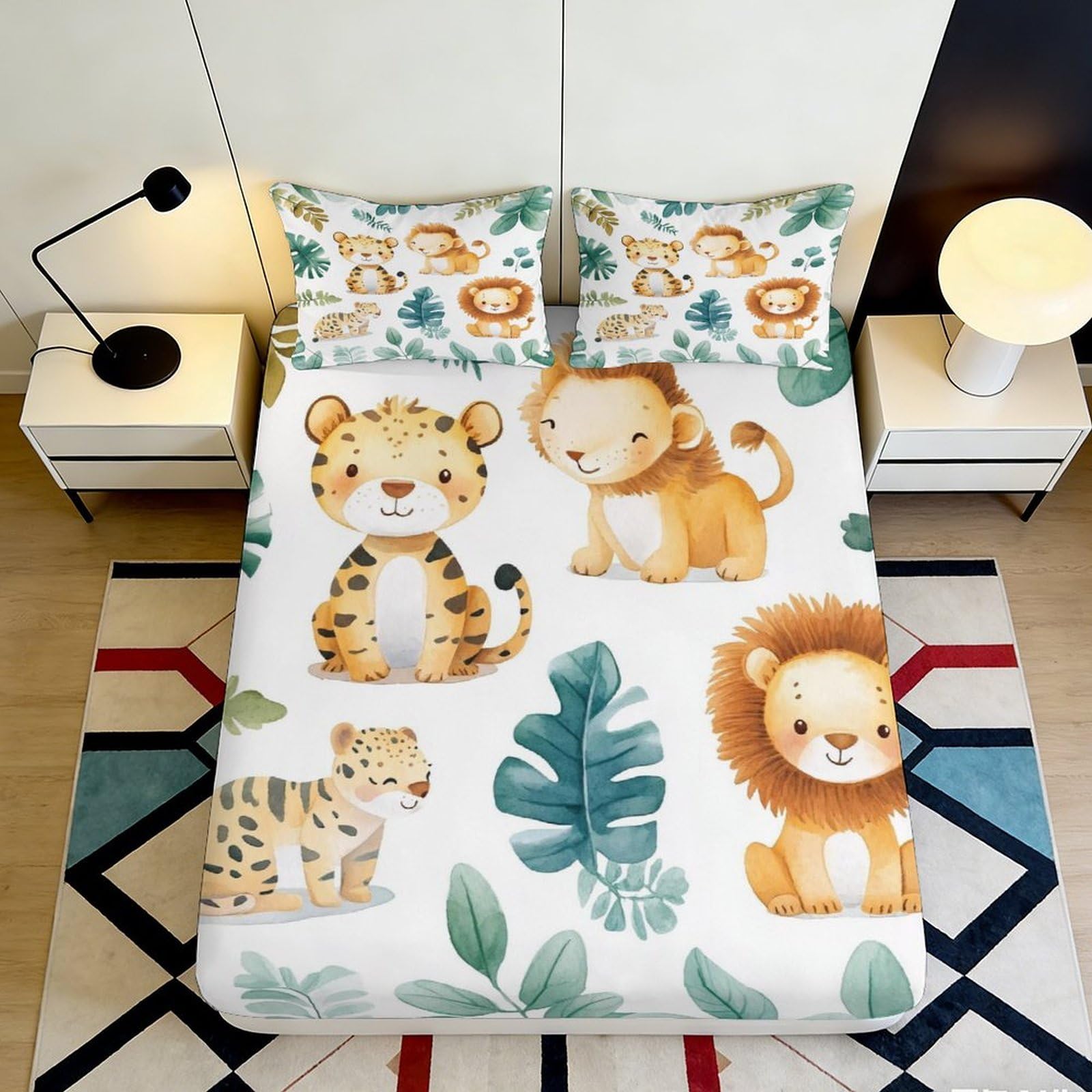 Pnayamiorkfel Style-1 3D Printed Jungle Animal Fitted Sheet Microfiber Soft Cartoon Lion Tiger Bed Cover Bedroom Dorm Decor 90X200x25cm