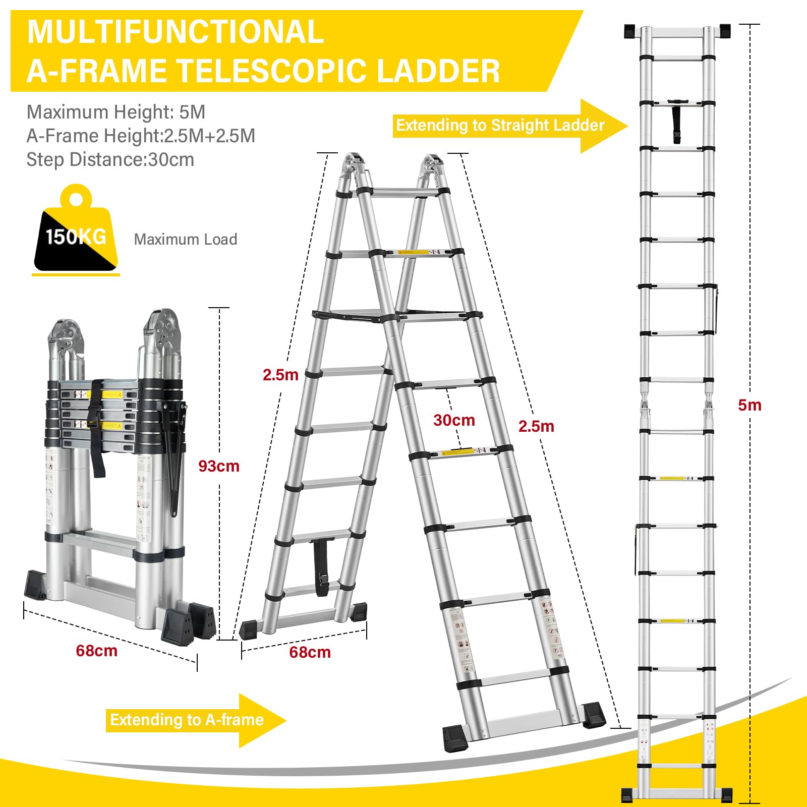 STANEW 5 m (2,5 + 2,5 m) aluminiowa drabina teleskopowa, składana, duża, wielofunkcyjna, 2 w 1, aluminiowa drabina z zapięciem przegubowym, maks. obciążenie: 150 kg, srebrna