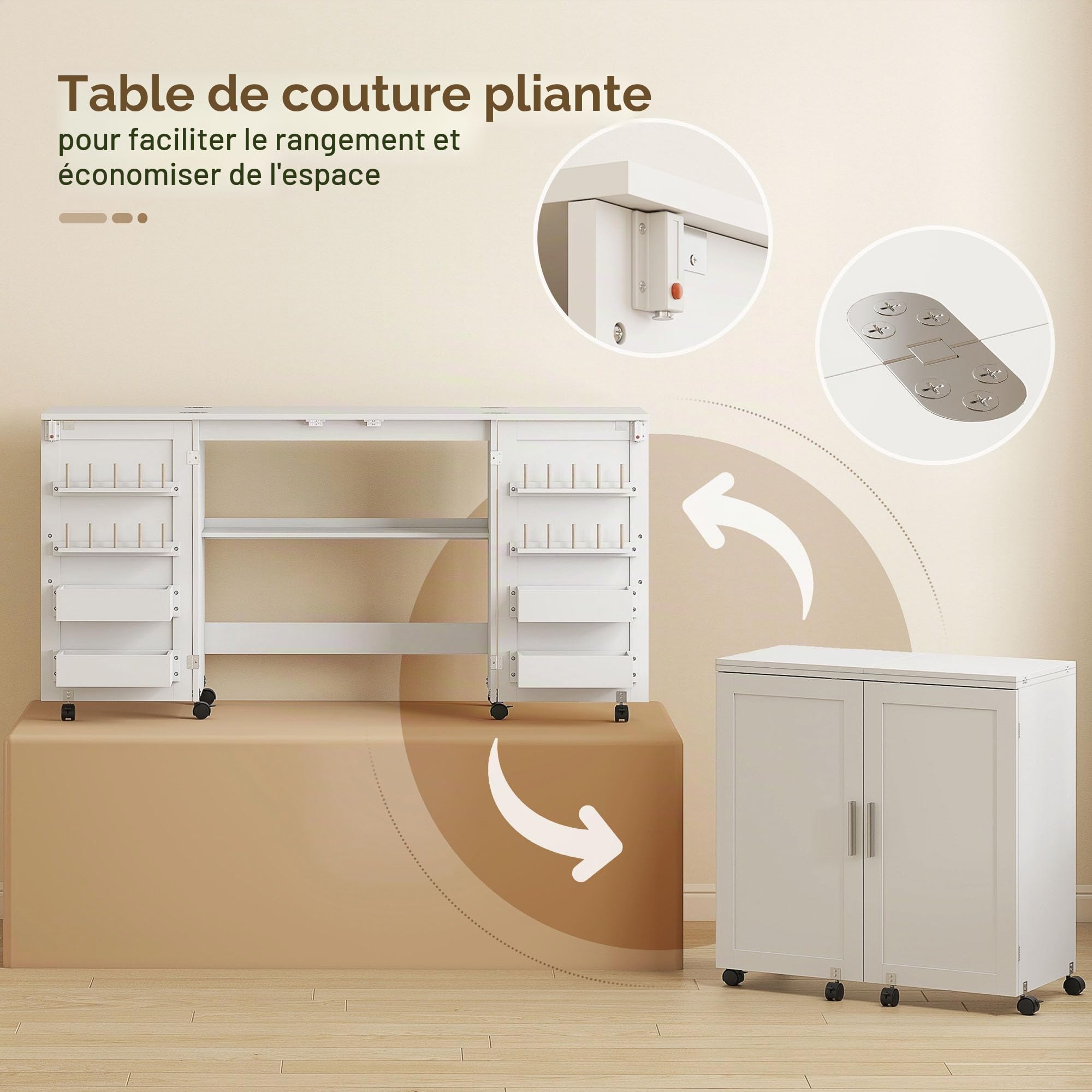 HOMCOM Table de couture pliable avec 6 roulettes 20 broches pour fils Blanc