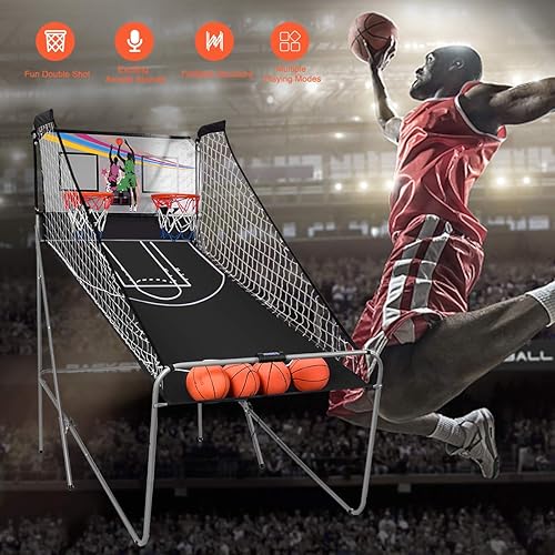 Miniatura 2 de GYMAX Juego de baloncesto arcade plegable para interiores con 8 modos de juego, sonido de arcade, 4 bolas y bomba de inflado, juegos de baloncesto