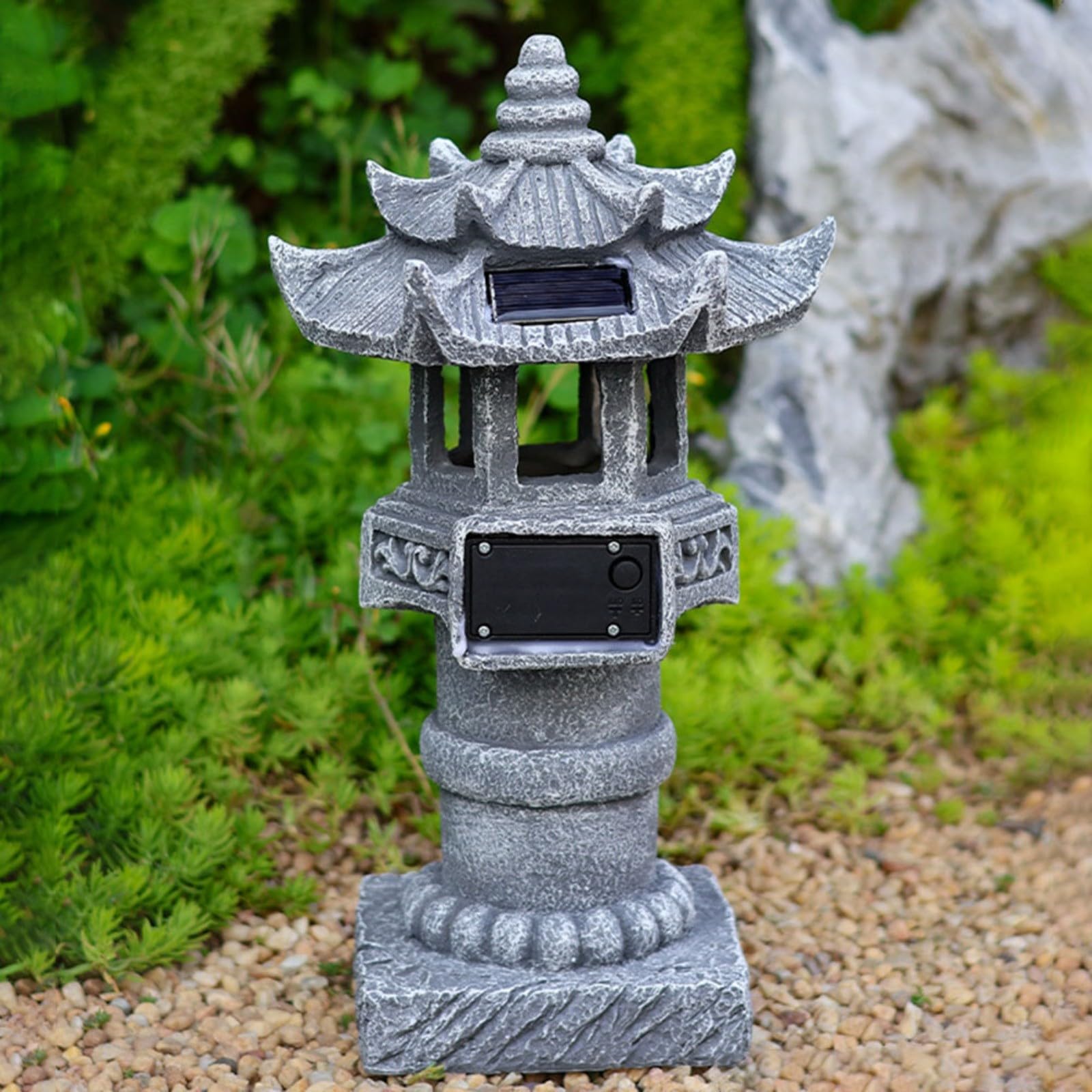 Lampada a pagoda ad energia solare, statua da giardino zen in resina con struttura in pietra, impermeabile IP44, lanterna da esterno per cortile, patio, prato, 12,2 x 12,2 x 30,5 cm