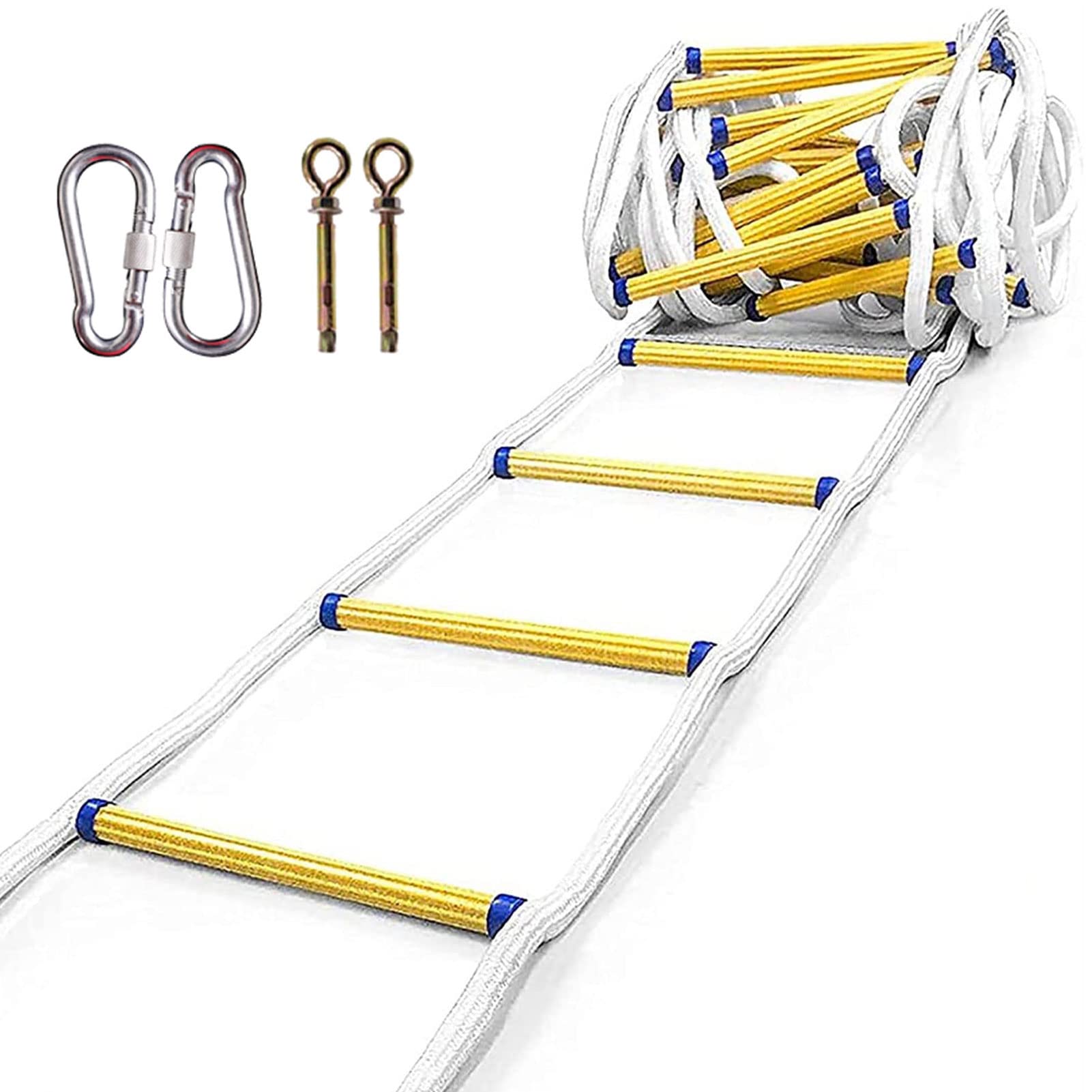 KFGISD, Fire Escape Flame Resistant Rope Ladder with Sphooks, Safety Rope Escape Ladder/White Rope/10M,Rope Ladder(White Rope,12M)