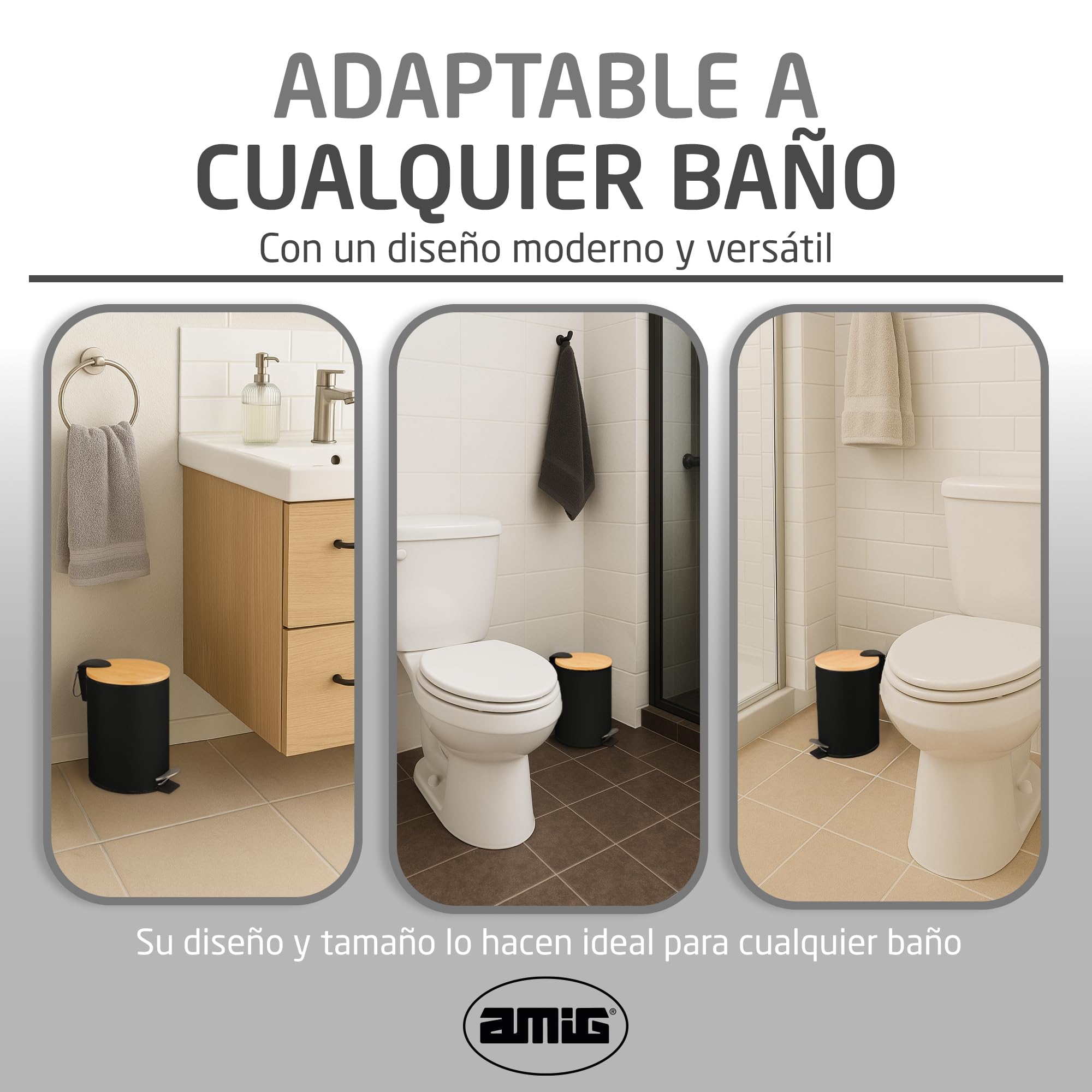 Amig Cubo de Basura para Baño con Pedal 5 Litros Negro y Bambú Acero Inoxidable Lacado Ø20x26 cm