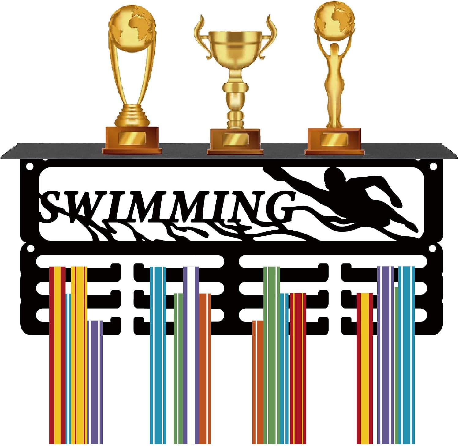CREATCABIN Swimming Medal Holder Trophy Shelf Medal Hangers Display with Shelf Stand Small Sports 4 Rows Wall Mount Hold 70+ Medals for Men Swimming Running Swimming Awards Rack 11.4 x 5.1 Inch(Black)