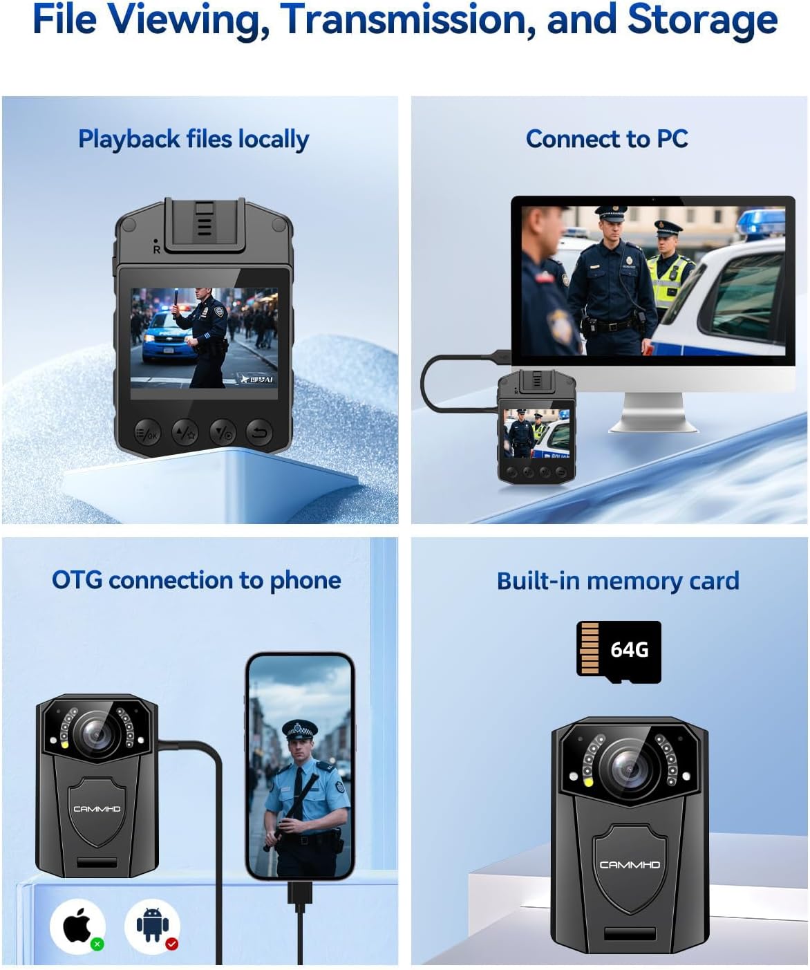 CAMMHD Z3 Body Camera being used in various scenarios: by police, for home surveillance, as a dash cam, and for outdoor activities.