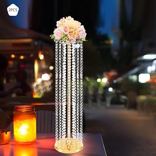 Miniatura 2 de 2 piezas de centro de mesa de boda dorado de 354 pulgadas de alto jarrones de flores de cristal dorado soporte de flores de metal elegante