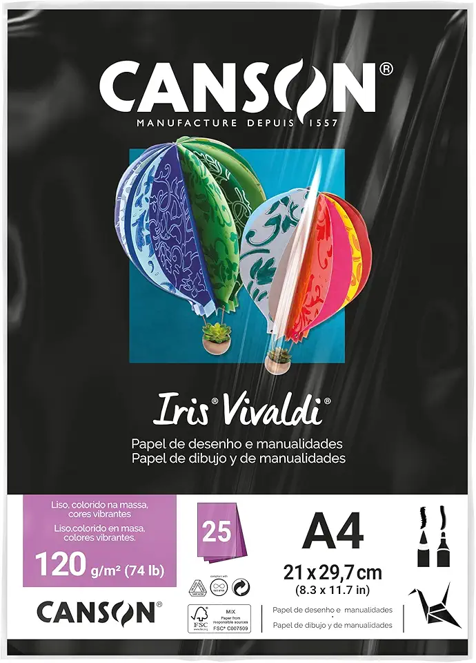 CANSON Iris Vivaldi, Papel Colorido A4 em Pacote de 25 Folhas Soltas, Gramatura 120 g/m², Cor Preto (38)