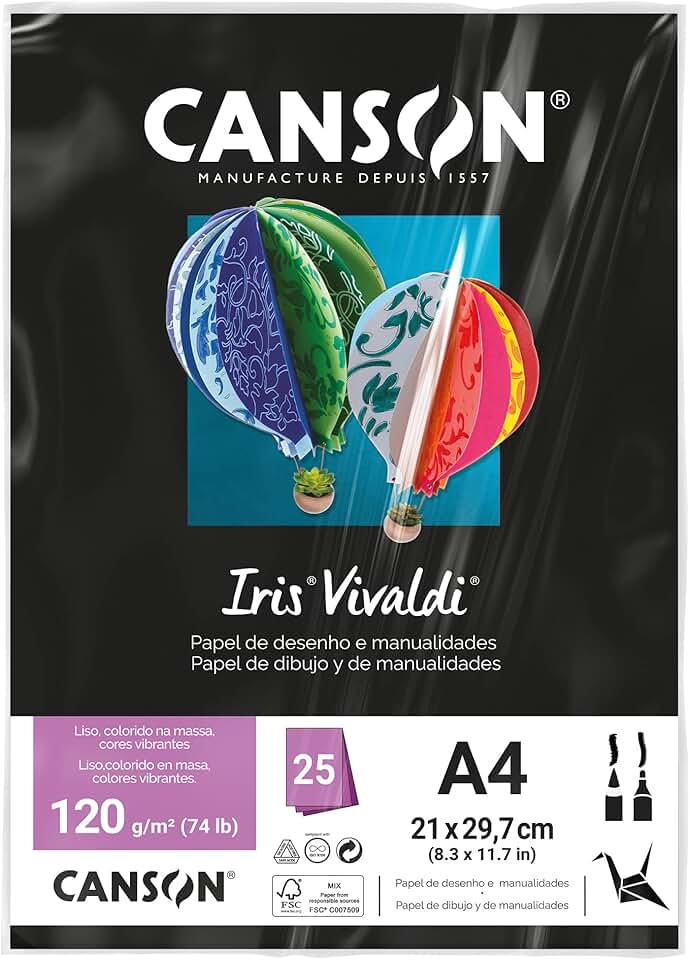 CANSON Iris Vivaldi, Papel Colorido A4 em Pacote de 25 Folhas Soltas, Gramatura 120 g/m², Cor Preto (38)