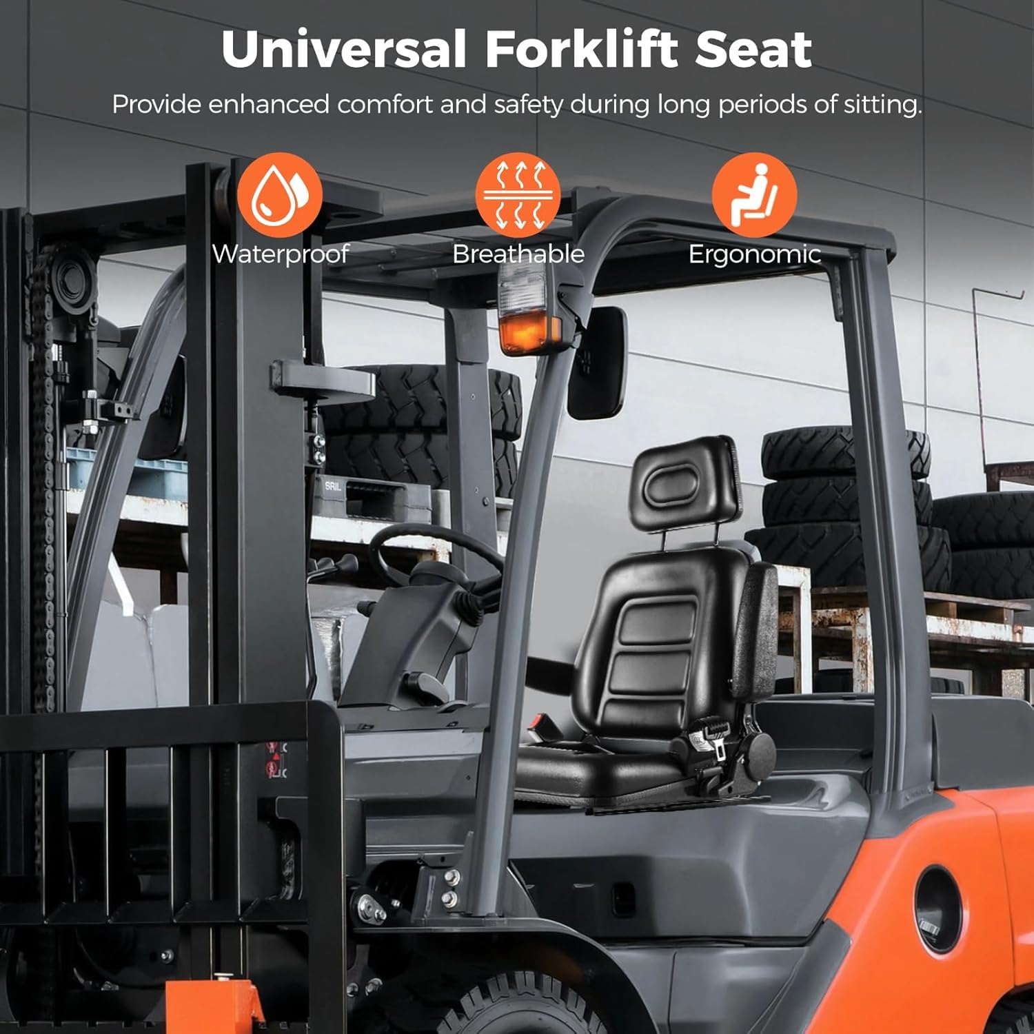 Universal Forklift Seat Adjustable Tractor Seat, Lawn Mower Seat with 0-90° Adjustable Armrest Headrest Safety Belt, Comfortable Leather Skid Steer Seat for Excavator Backhoe Dozer Loader