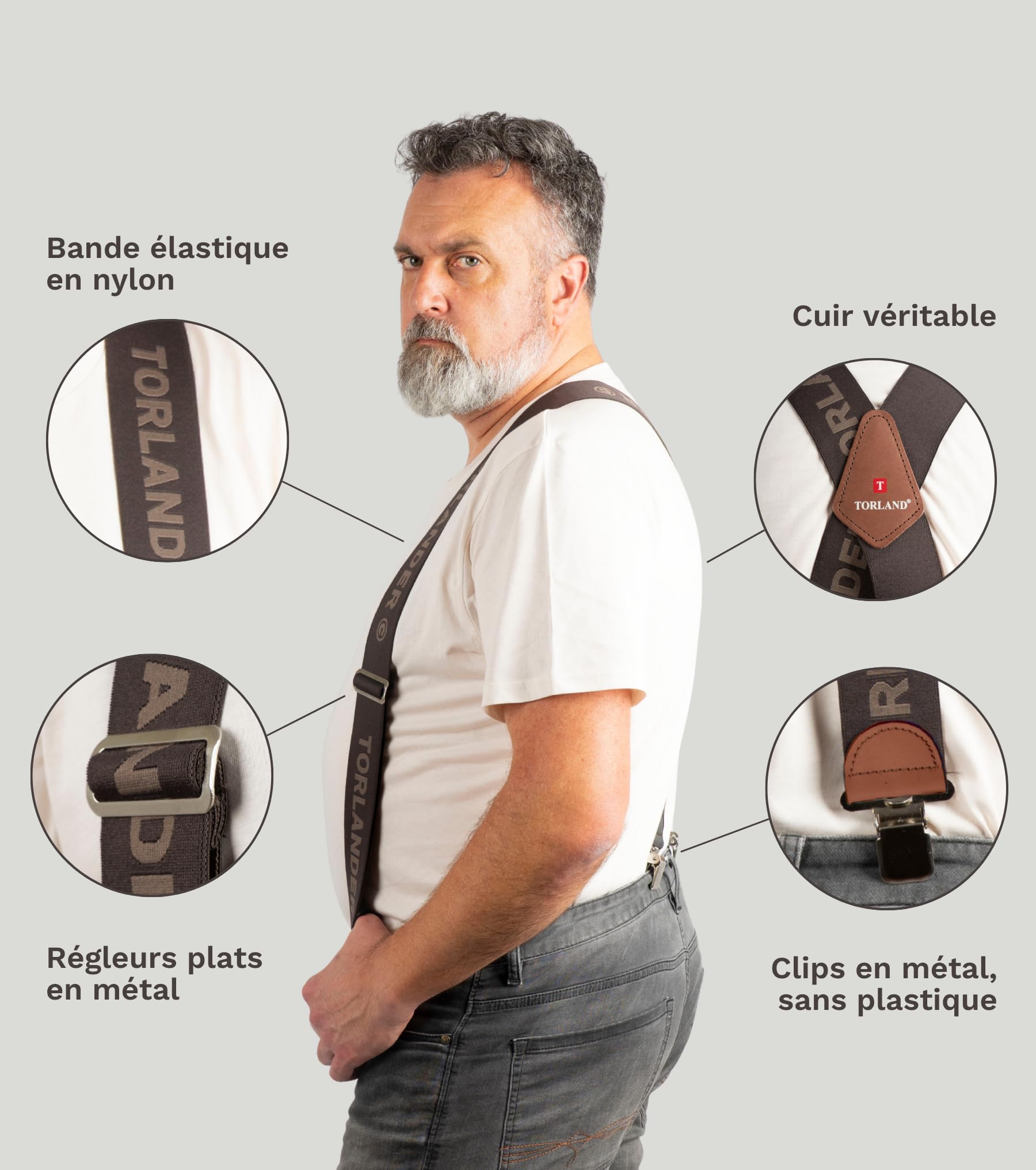 Bretelles homme extra larges, en cuir de vachette véritable, largeur 5 cm, pour pantalons de travail et de ski | Longueur max. 135 cm, pour les personnes mesurant jusqu’à 2 m