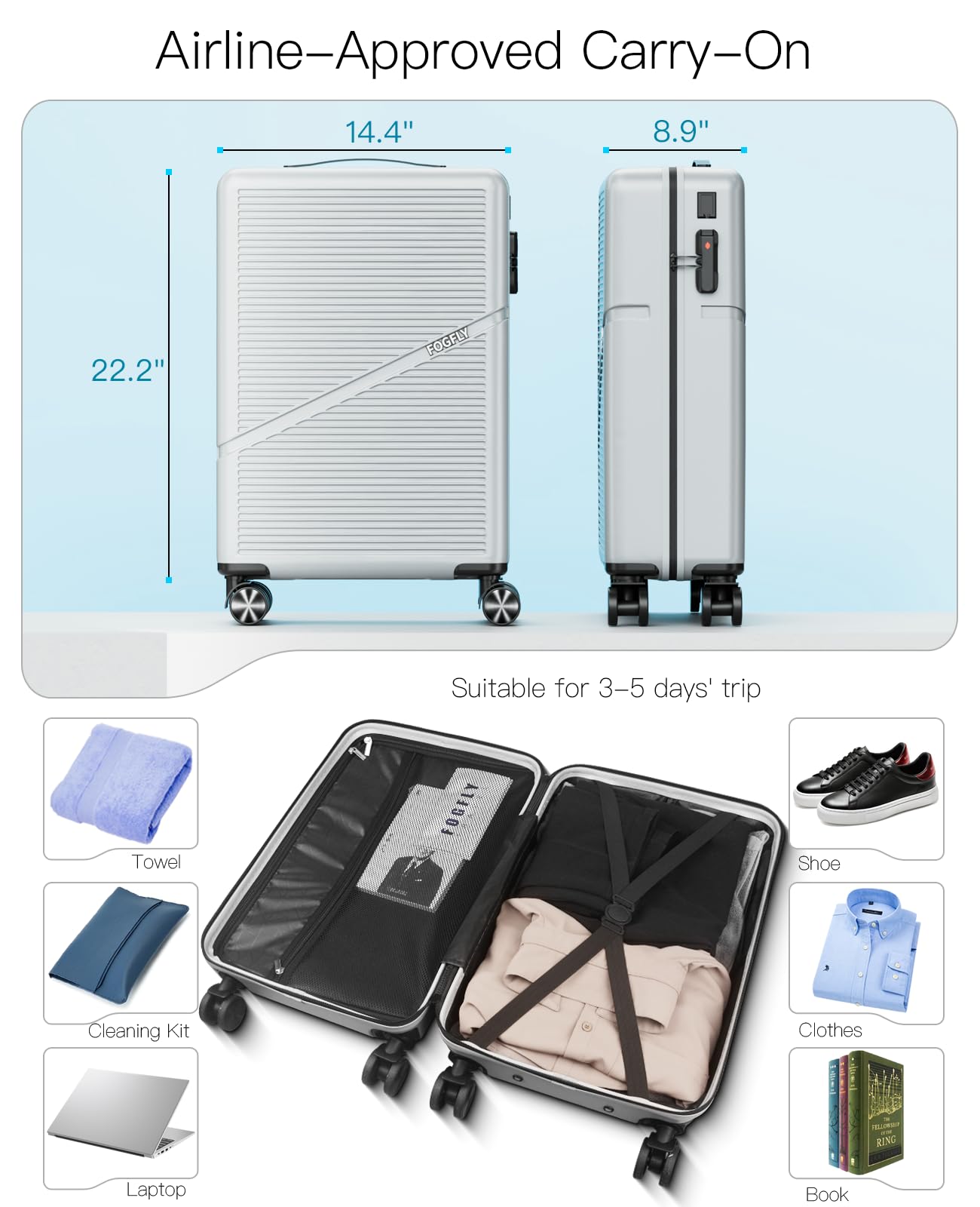 Valigia rigida con ruote girevoli, approvata dalle compagnie aeree da 50,8 cm, leggera, con serratura TSA e porta di ricarica USB per viaggi, Grigio, Valigia rigida leggera con serratura Tsa e porta