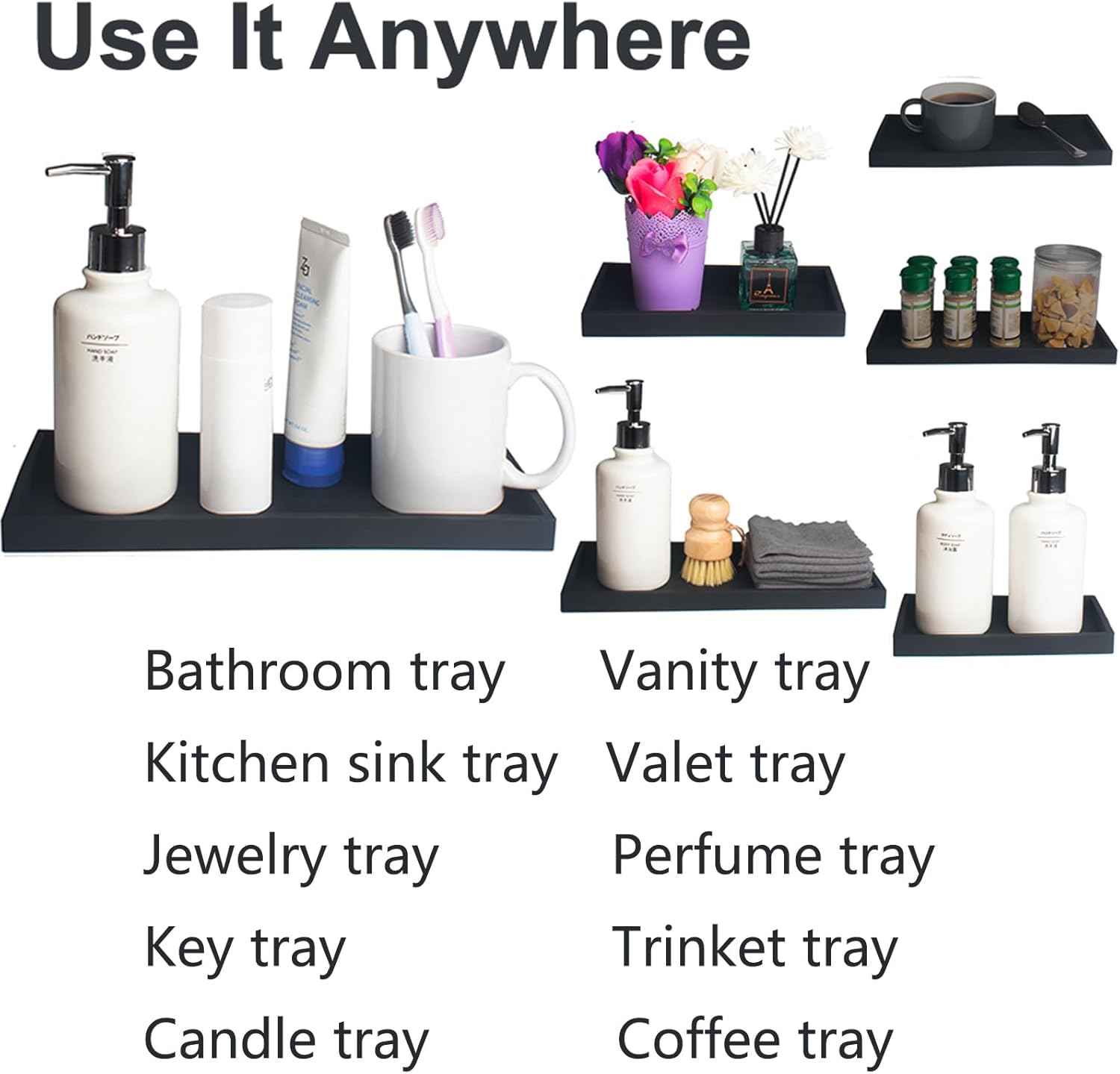 DNC Bathroom Vanity Tray for Counter, 2PC (7.9" +11.8") Silicone Kitchen Sink Soap Tray for Countertop Dish Holder Dispenser Toilet Tank Desk Organizer Black - Image 3