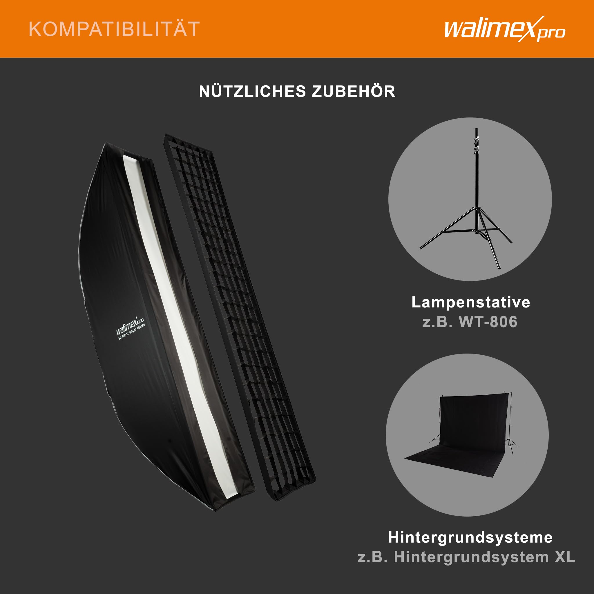 Walimex pro Studio Striplight Softbox 40 x 180 cm, Giratorio 360°, fácil Montaje Gracias a la función de sombrilla, Incluye Rejilla, máscara, Adaptador Bowens y Bolsa de Transporte, Ideal para