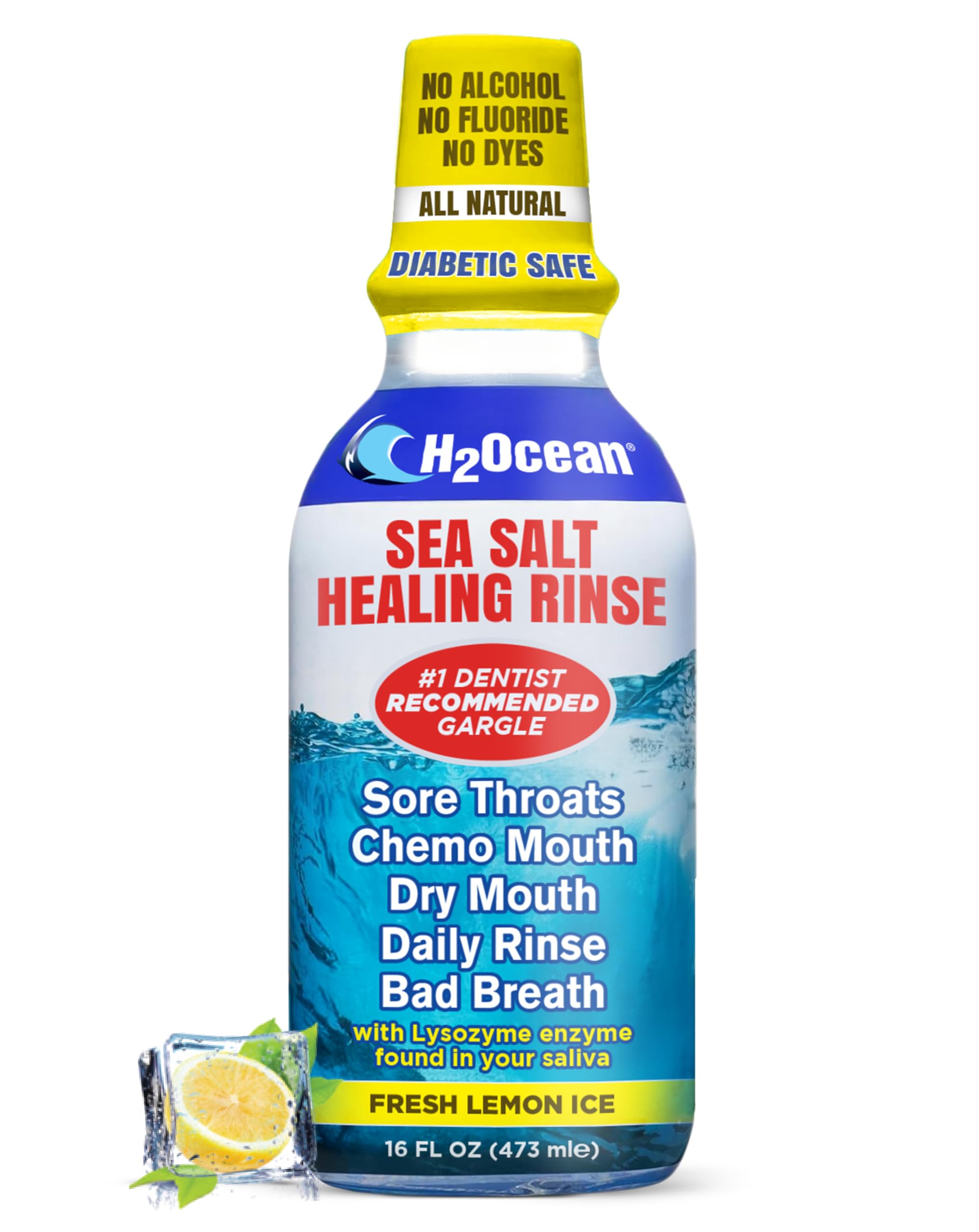 H2Ocean Healing Rinse Natural Sea Salt Mouthwash - Alcohol & Fluoride-Free Oral Care for Tonsil Stones, Sore Throats, Wisdom Teeth Recovery & Gum Health - Whitening Mouthwash, Lemon Ice, 16 oz