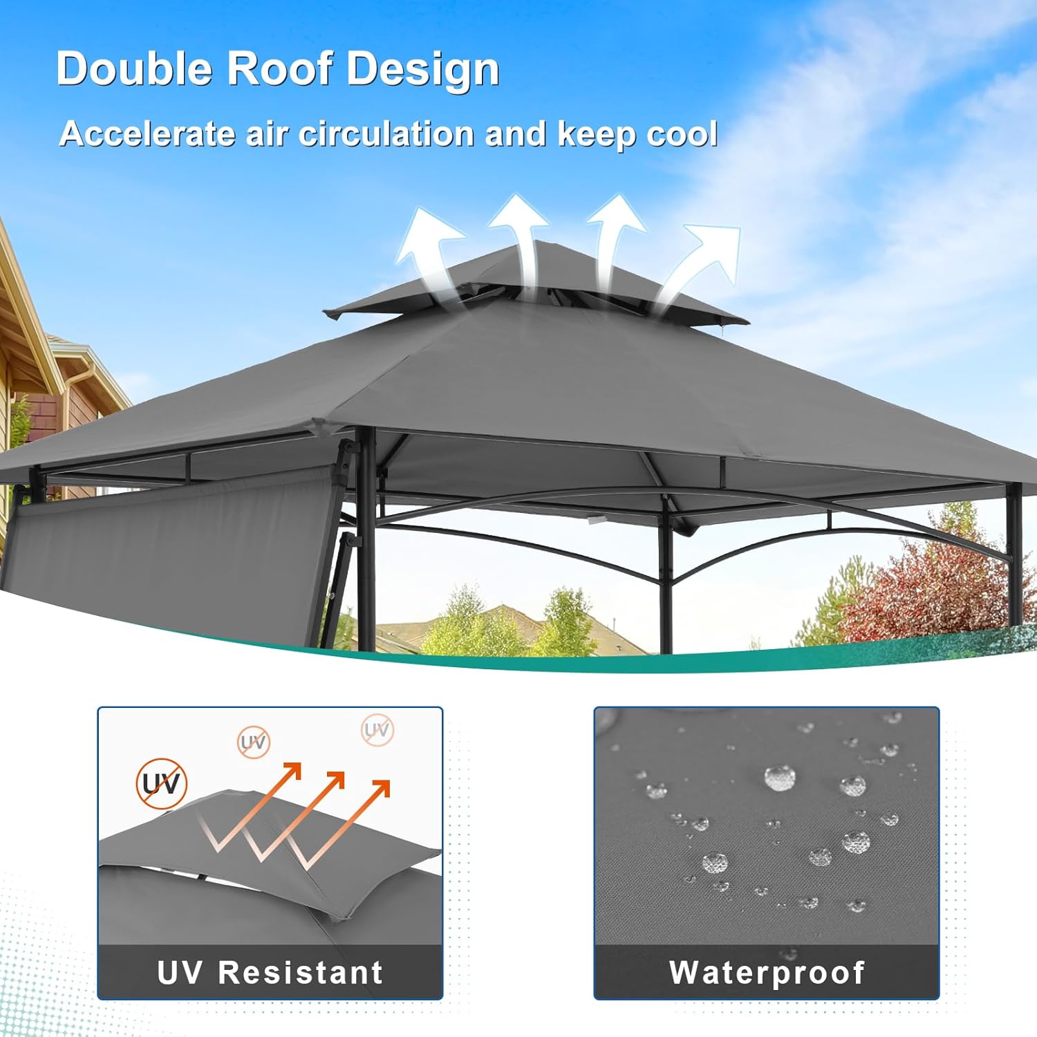 COBANA Grill Gazebo 8’x 5’ Outdoor Patio Backyard BBQ Grill Shelter with Side Awning, Double Tiered Soft Canopy Top with Steel Frame and Bar Counters, Gray