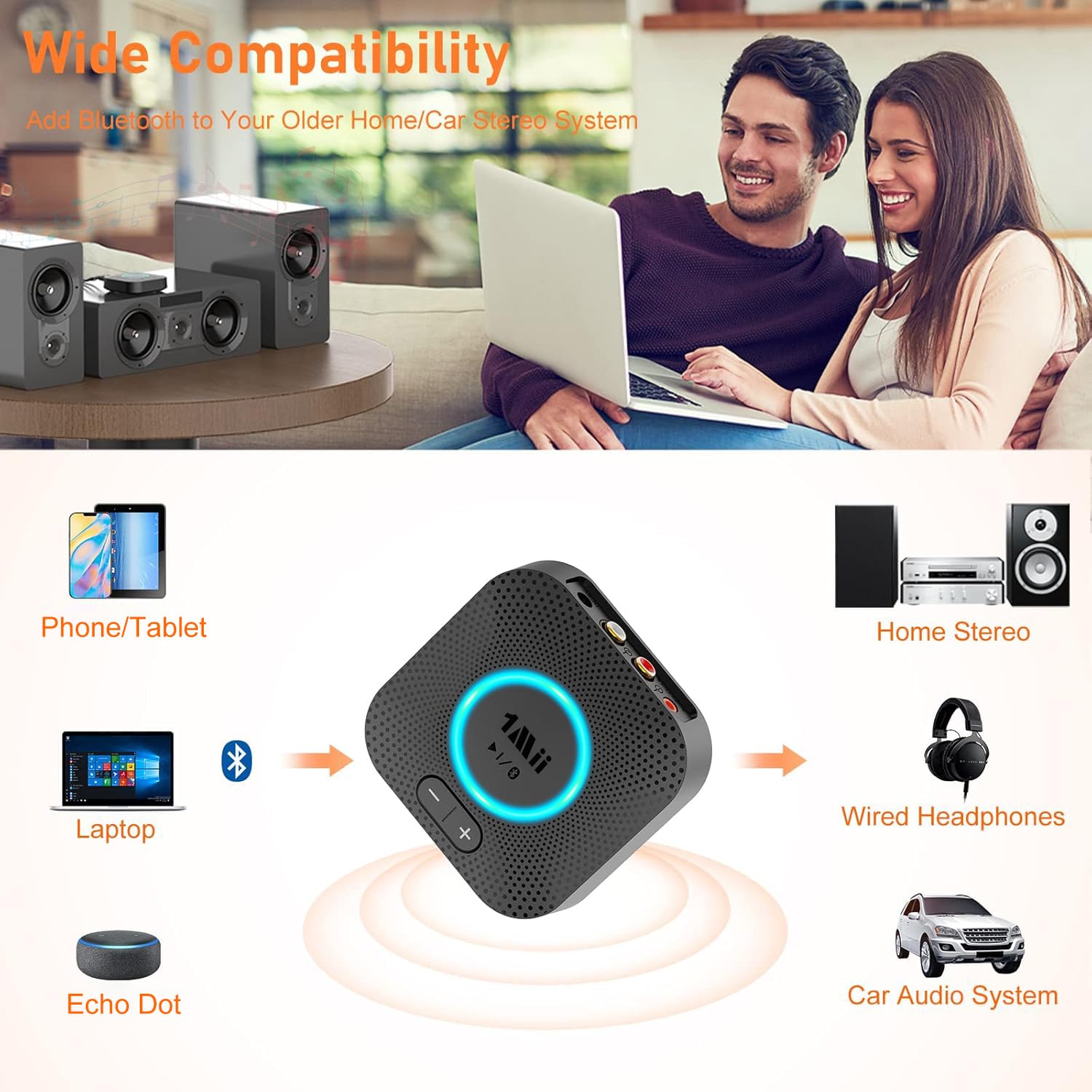 1Mii B06S Récepteur Bluetooth 5.2 pour système de streaming de musique, adaptateur audio sans fil Hi-Fi pour récepteur stéréo avec aptX HD aptX faible latence, récepteur Bluetooth avec contrôle du