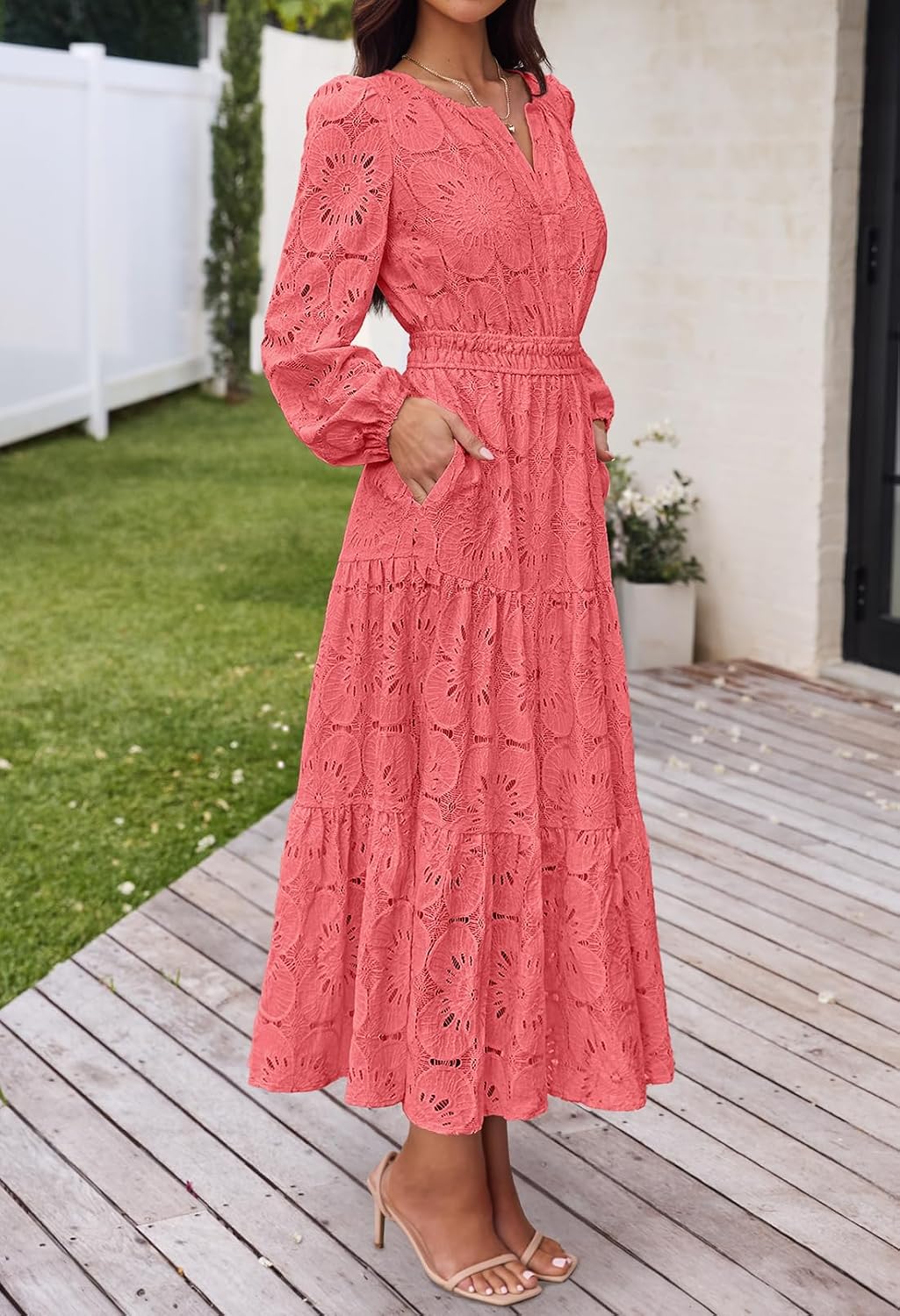  Women's Fall Long Sleeve Eyelet Lace Floral Maxi Dress thumbnail
