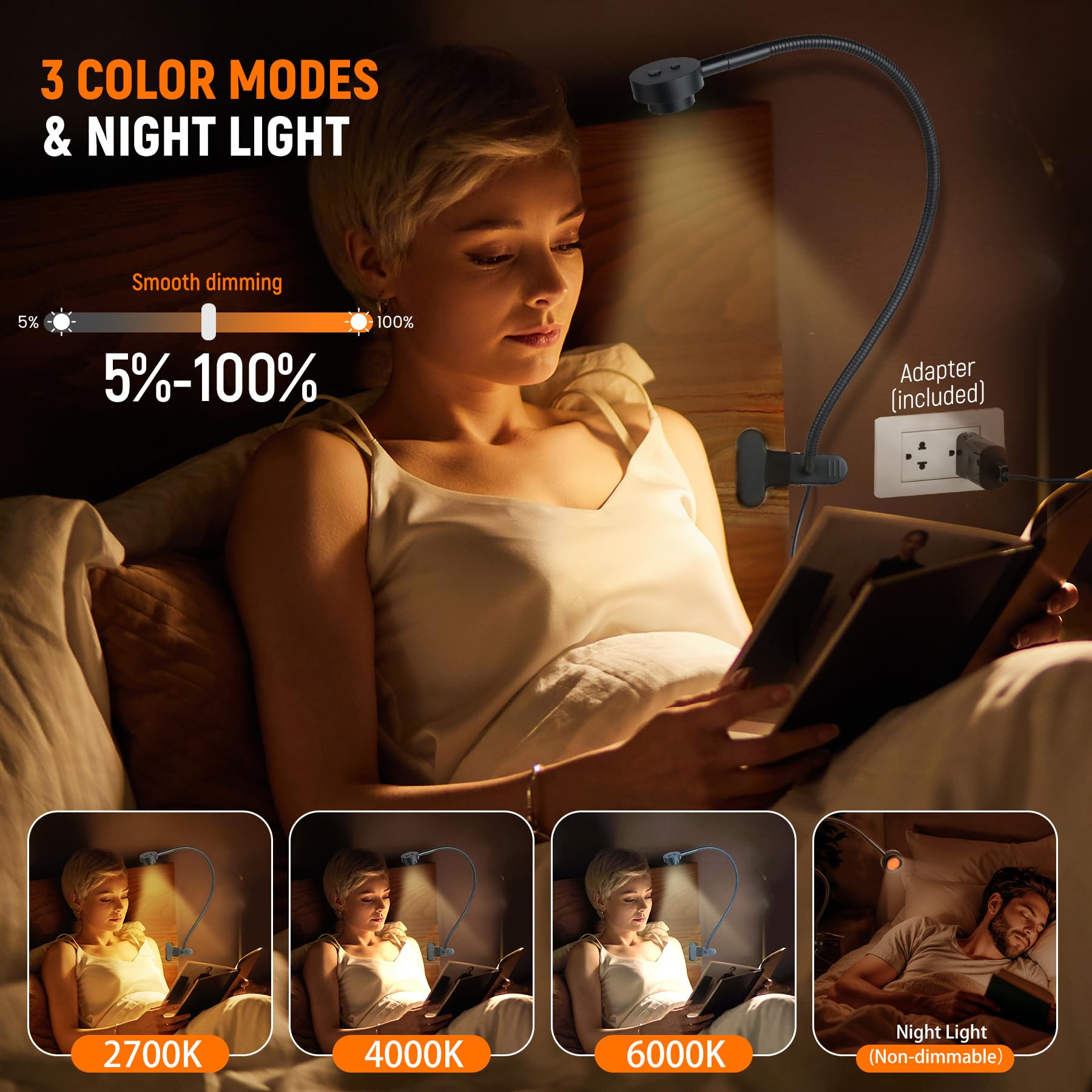 Flexible Leselampe zum Anklippen für Bett | 3 Farben dimmbar, biegbar, komplett aus Metall, CRI 95 LED, Kopfschalter, Adapter im Lieferumfang enthalten