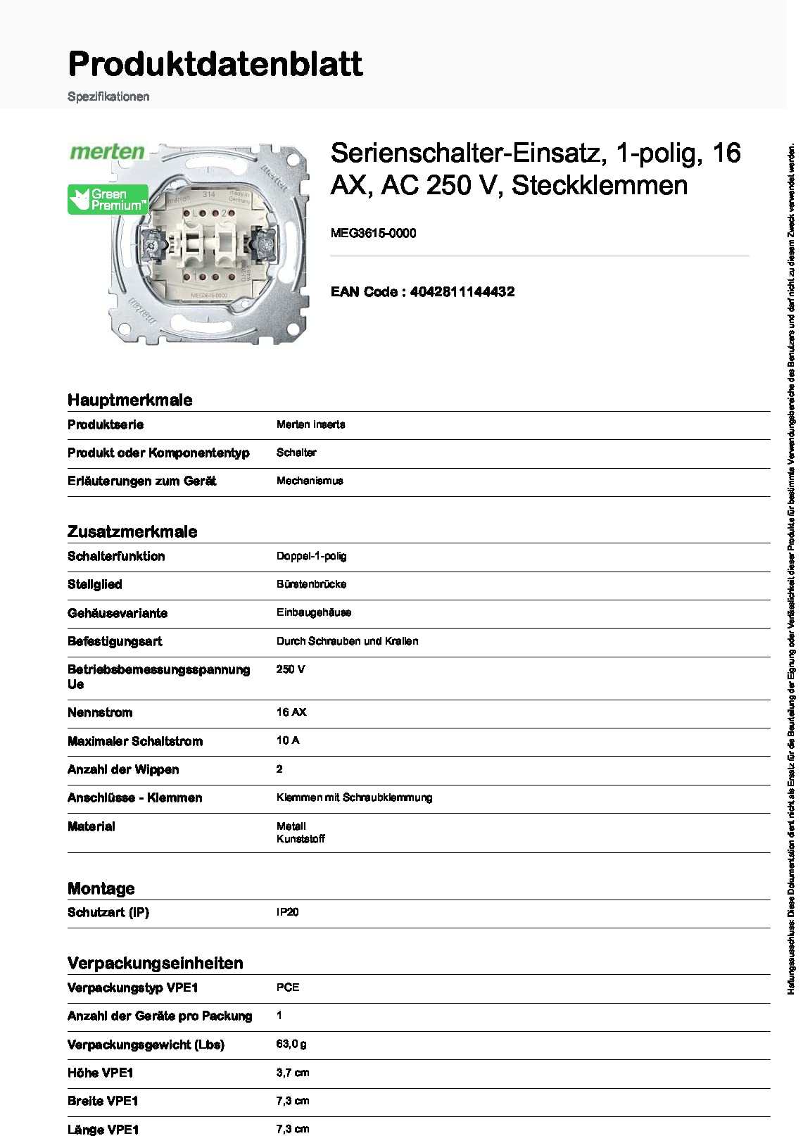 Merten MEG3615-0000 | wkład przełącznika szeregowego | 16 A - AC 250 V - zaciski wtykowe | Made in Germany