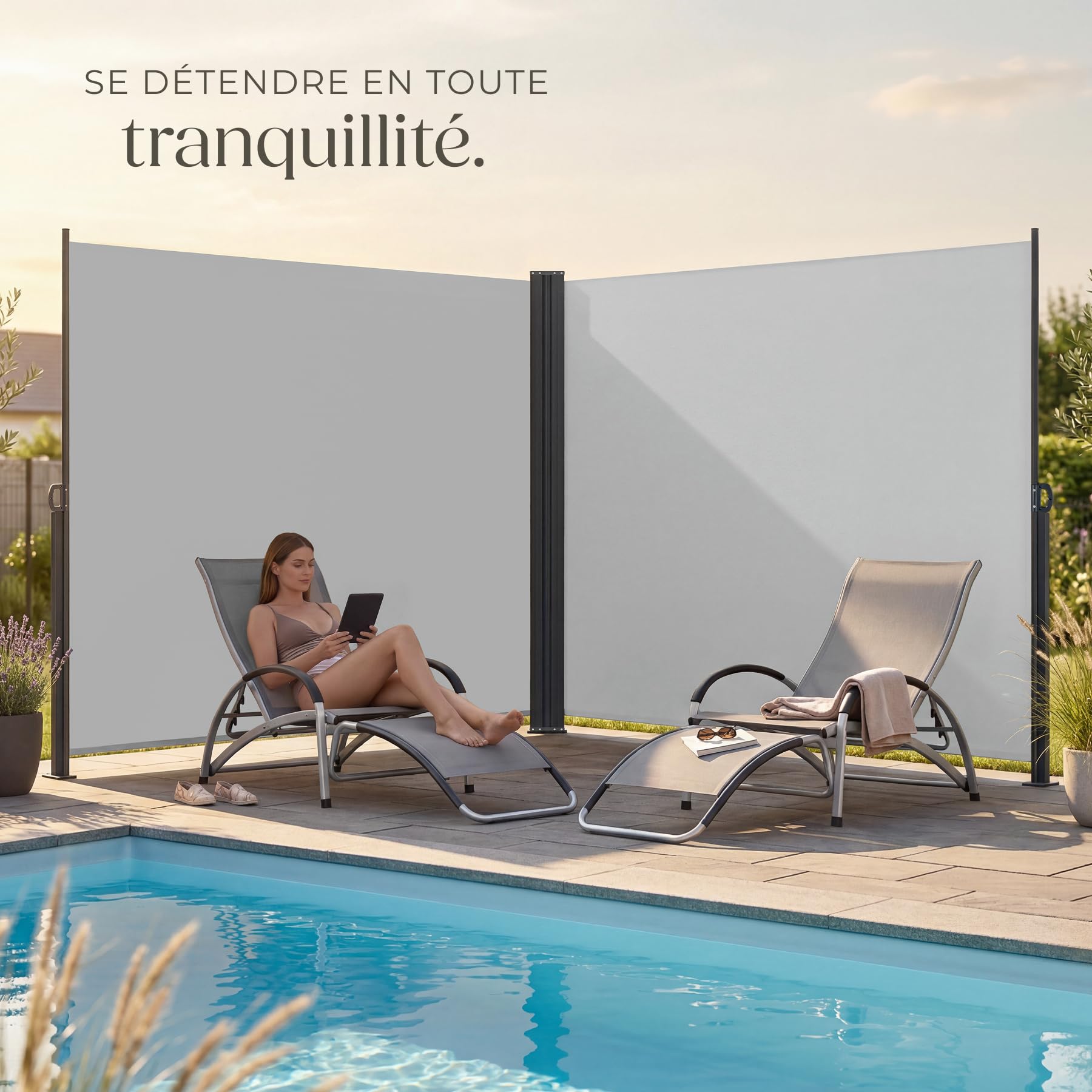 tectake® Store Latéral Double 200 x 600 cm, Résistant aux intempéries, Extensible avec mécanisme d'enroulement, Brise Vue Opaque, Protection Soleil et Vent, Tissu en Polyester Enduit - Gris