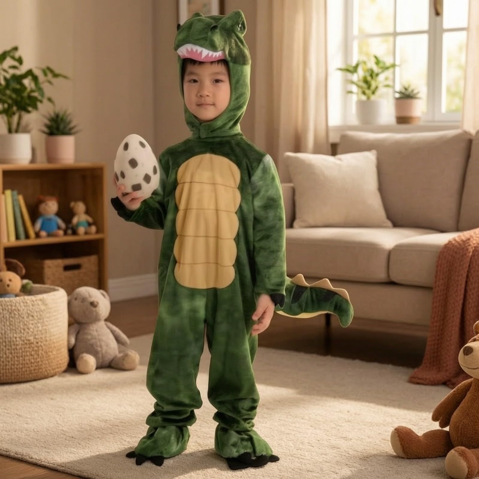 Tuta da Dinosauro Delicato sulla Pelle | Unisex, Costume da Dinosauro con Cappuccio, Morbido, per Halloween, Feste in Maschera, Bambine, Giallo, 140cm