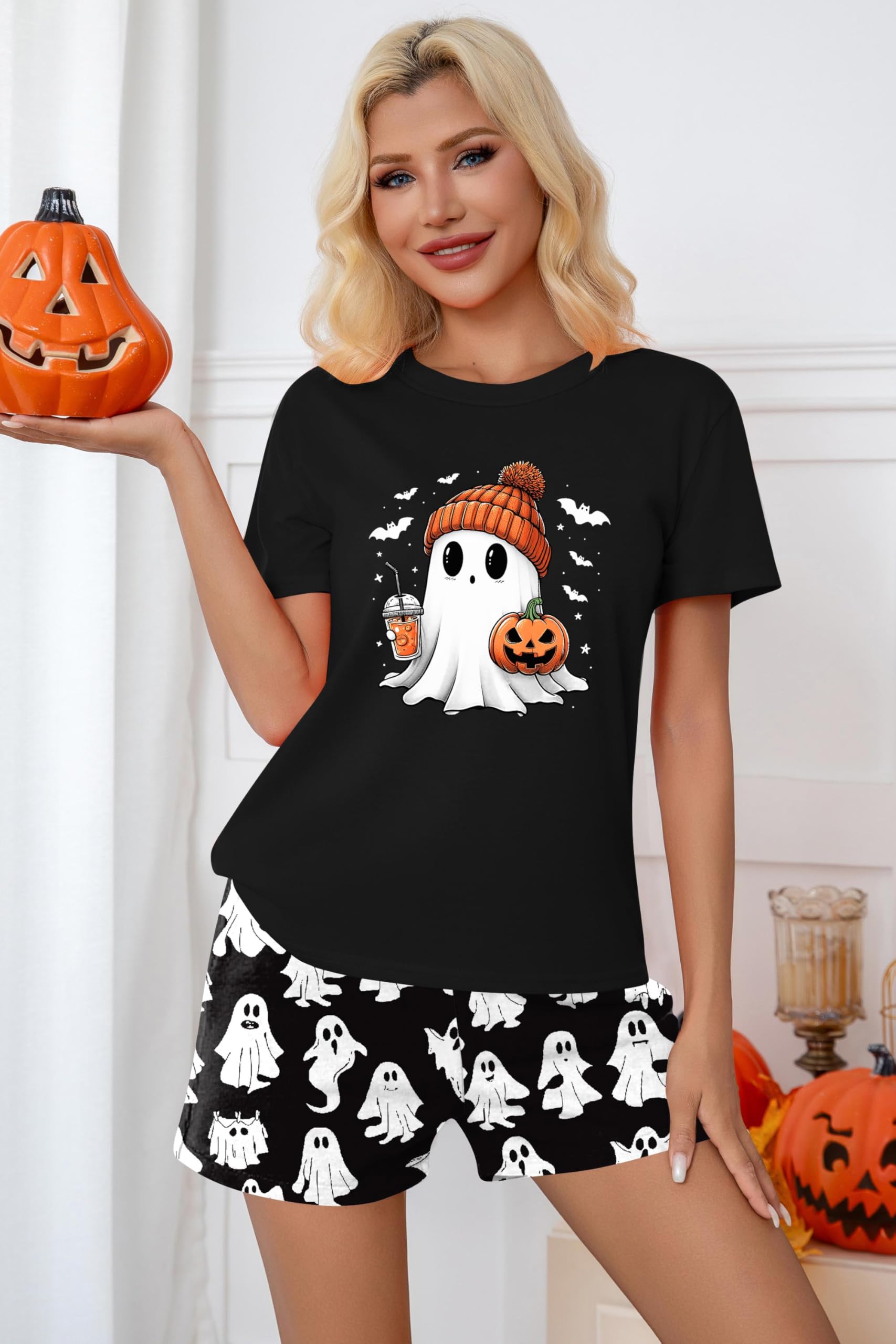 tiorhooe Piżama damska na Halloween, z krótkim rękawem, dwuczęściowa | Zestaw wypoczynkowy, oddychająca tkanina, motywy dyni, krótkie spodnie, bardzo wygodne dopasowanie, idealne na imprezy i