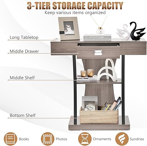 Miniatura 4 de LDAILY Mesa de entrada pequeña, mesa de sofá de 3 niveles con cajón de almacenamiento y estantes, mesa estrecha detrás del sofá, mesa consola