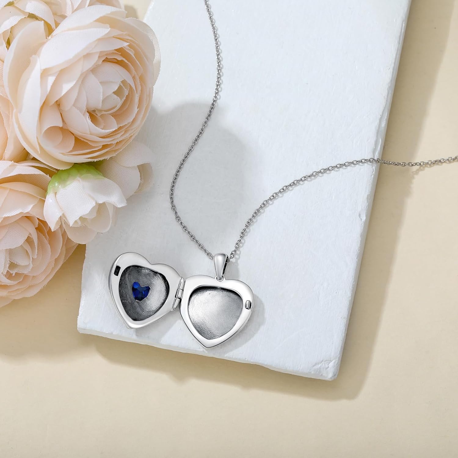 Heart Photo Locket Necklace 925 Sterling Silver Birthstone Gemstone That Holds 2 Pictures Locket Necklace Jewelry Gifts for Mother Women Mom Mother's Day Christmas Birthday