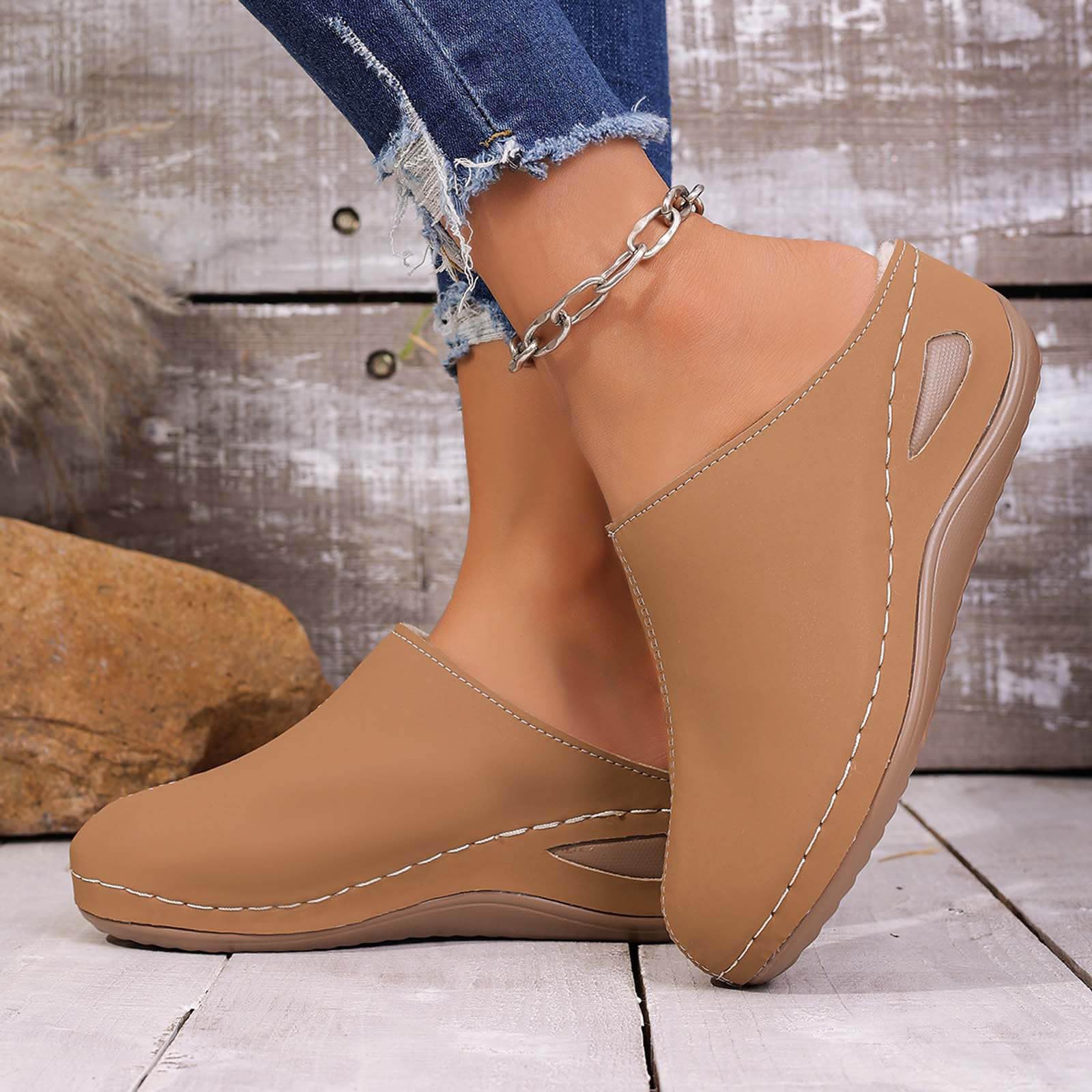 Pantuflas de invierno para interiores y exteriores, acogedoras, con forro sintético, tacón inclinado, suela cómoda y cálida, Khaki, 37.5 EU