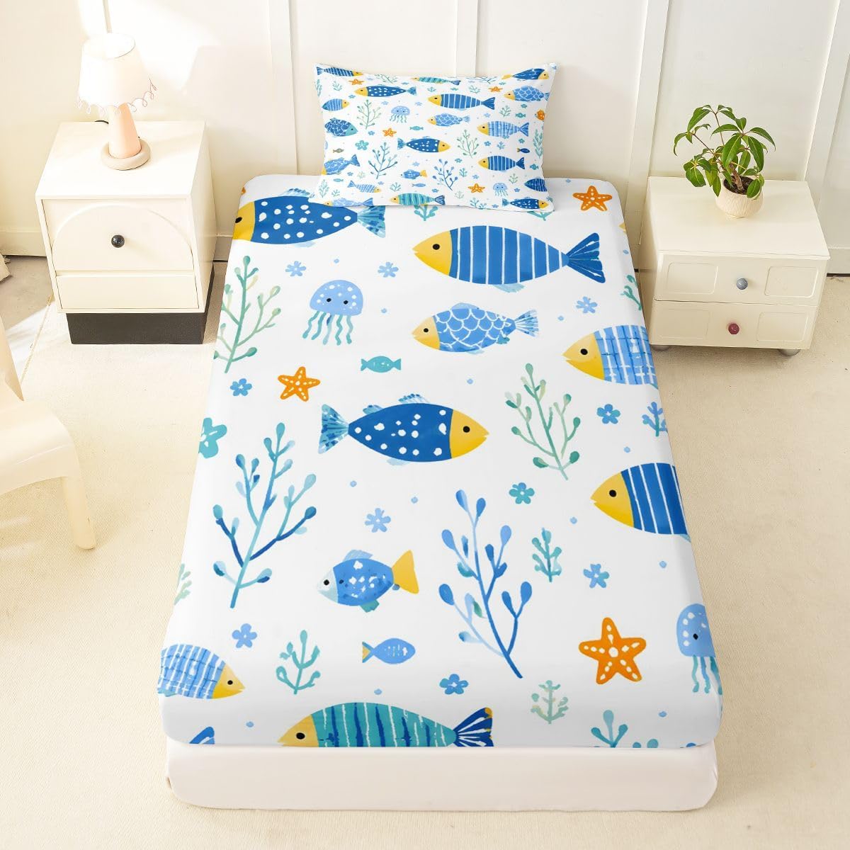 Cartoon Colorful Fish Fitted Sheet Twin Fish Ocean Tropical Bed Sheets Nautical Coastal Bedding Set for Kids Boys Girls,Underwater World Bed Cover 2 Pcs